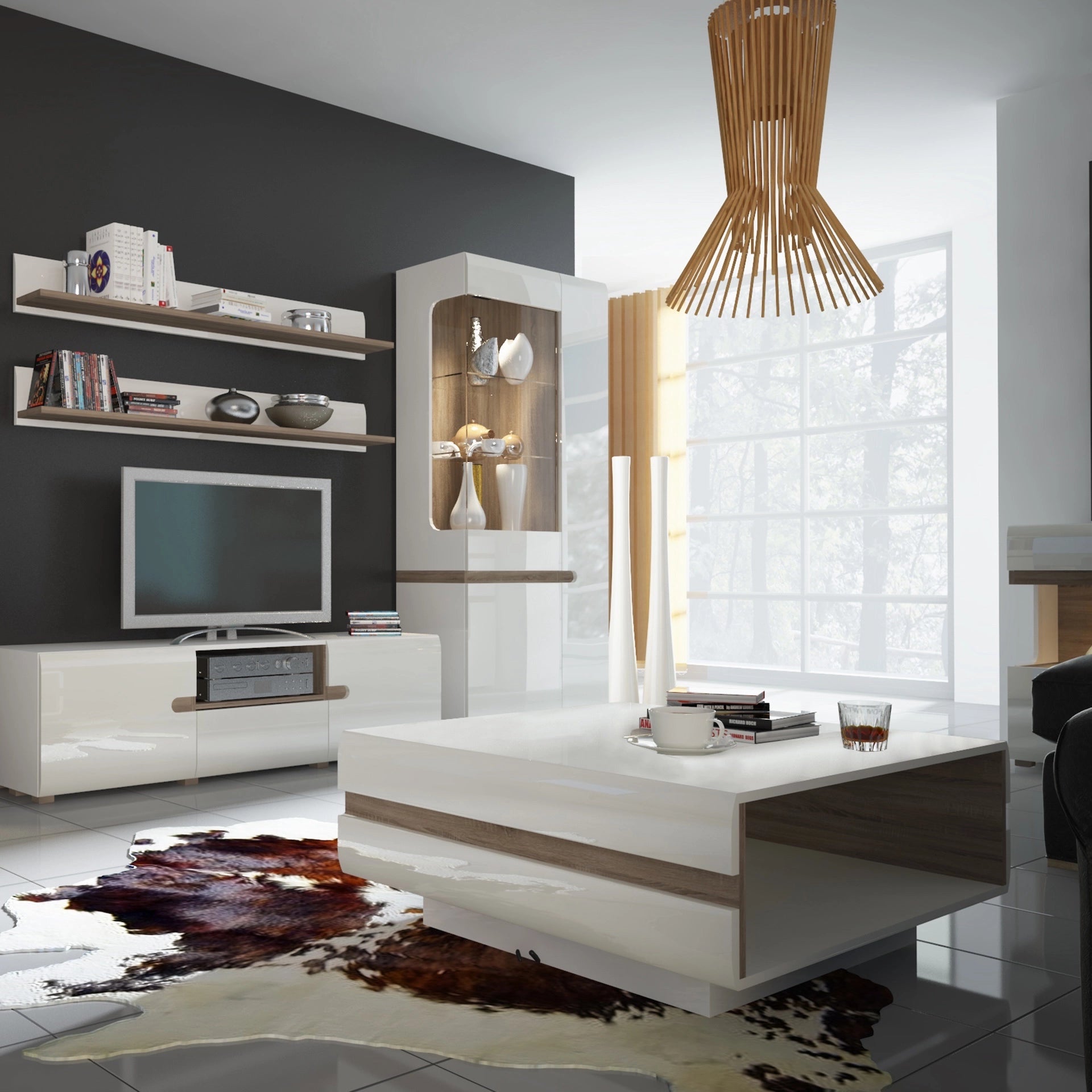Furniture To Go Chelsea Tall Glazed Narrow Display Unit (RHD) in White with Oak Trim