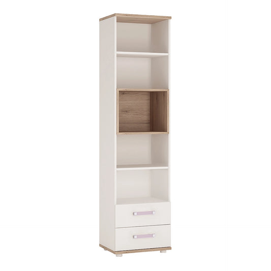 Furniture To Go 4Kids Tall 2 Drawer Bookcase in Light Oak & White High Gloss (Lilac Handles)