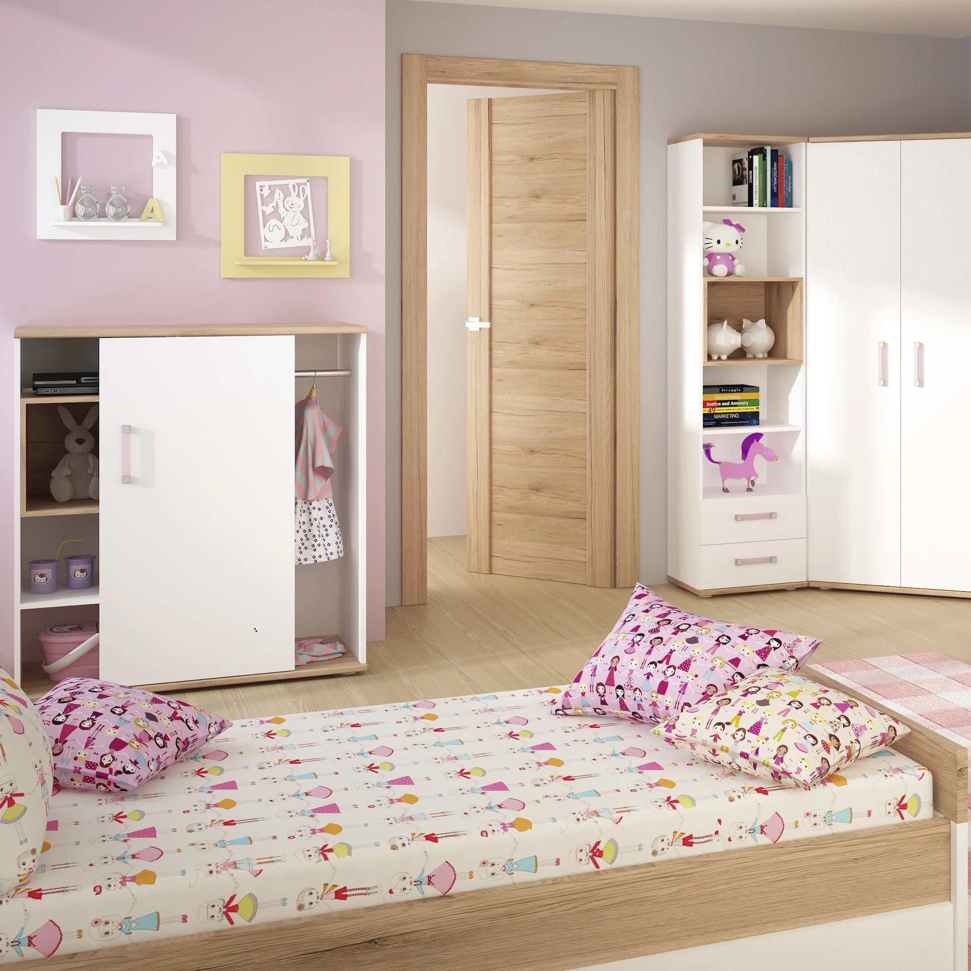 Furniture To Go 4Kids Tall 2 Drawer Bookcase in Light Oak & White High Gloss (Lilac Handles)