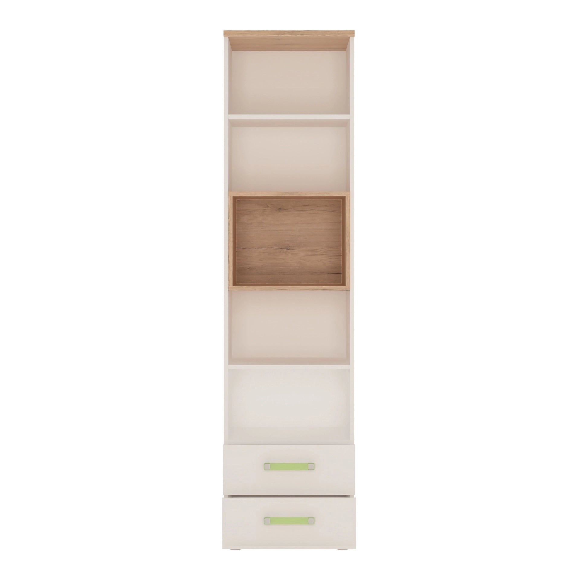 Furniture To Go 4Kids Tall 2 Drawer Bookcase in Light Oak & White High Gloss (Lemon Handles)