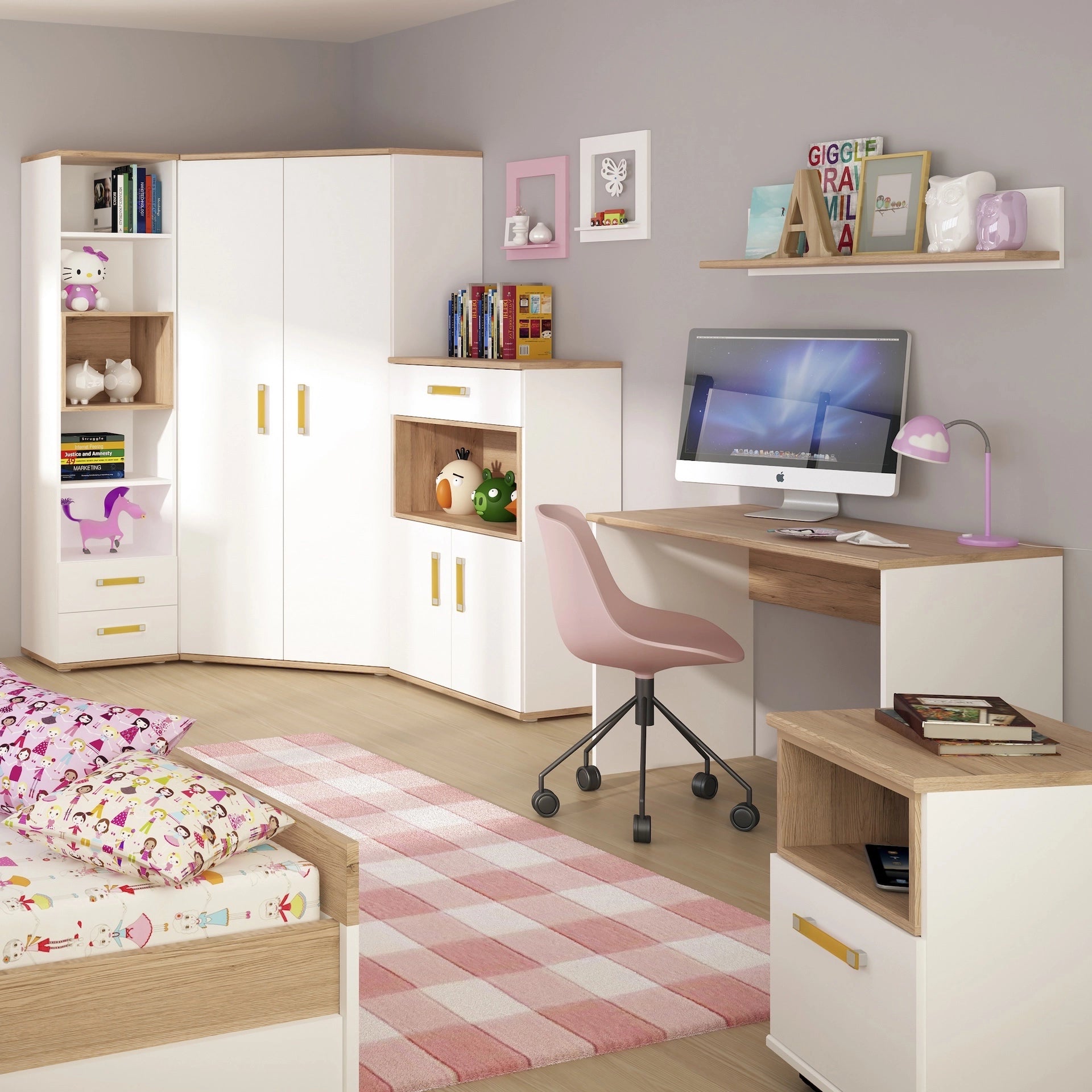 Furniture To Go 4Kids Tall 2 Drawer Bookcase in Light Oak & White High Gloss (Orange Handles)