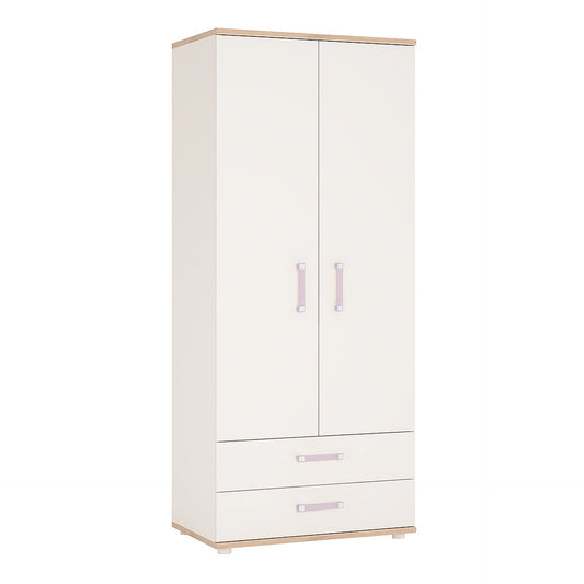 Furniture To Go 4Kids 2 Door 2 Drawer Wardrobe in Light Oak & White High Gloss (Lilac Handles)