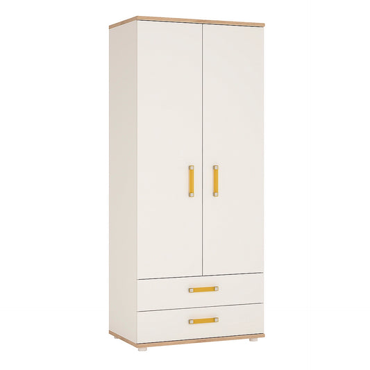 Furniture To Go 4Kids 2 Door 2 Drawer Wardrobe in Light Oak & White High Gloss (Orange Handles)