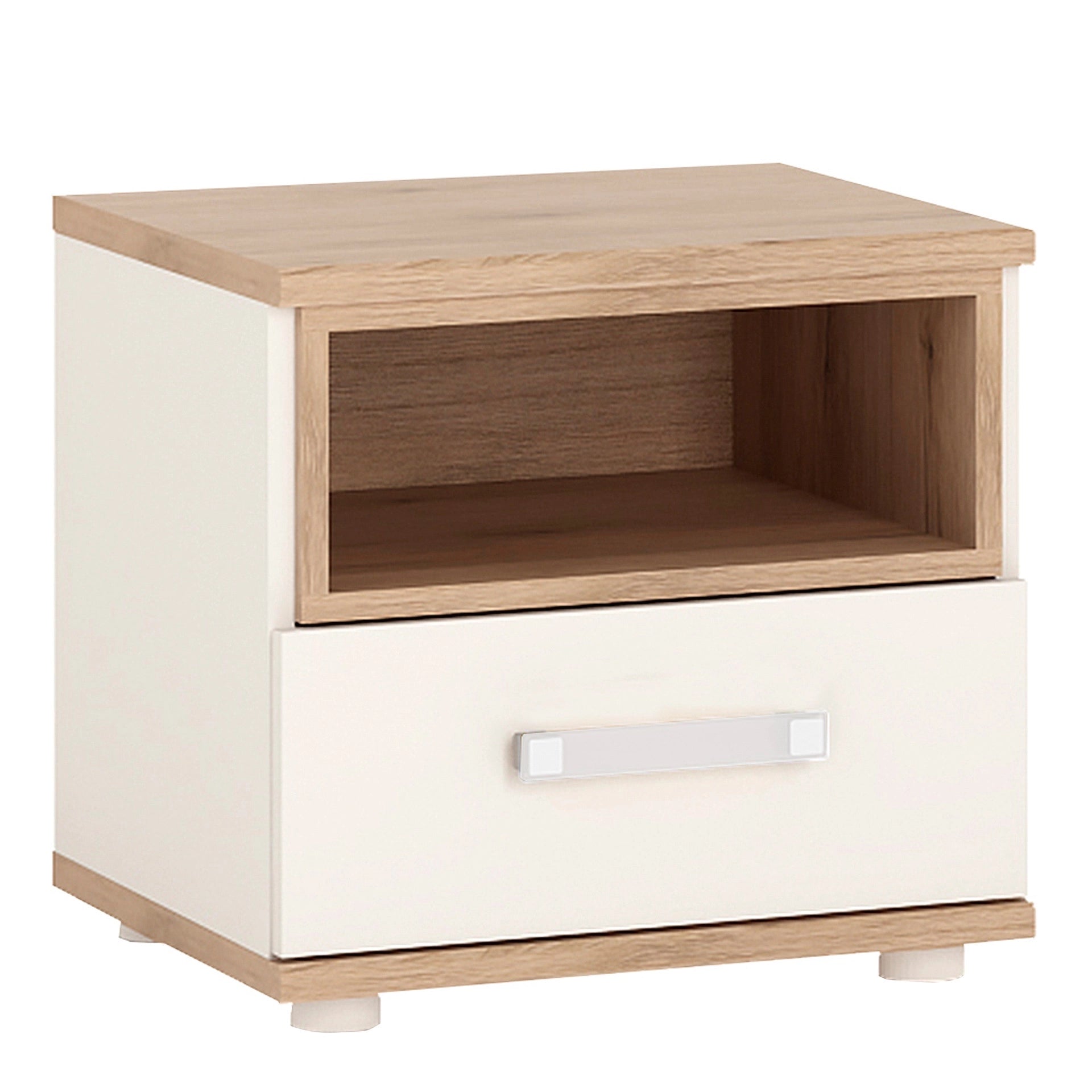 Furniture To Go 4Kids 1 Drawer Bedside Cabinet in Light Oak & White High Gloss (Opalino Handles)
