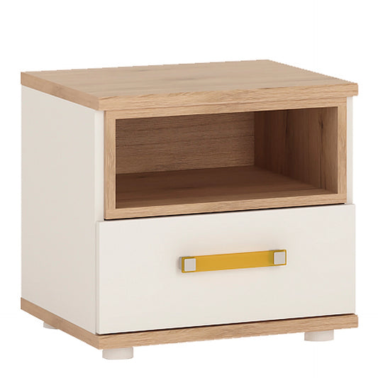 Furniture To Go 4Kids 1 Drawer Bedside Cabinet in Light Oak & White High Gloss (Orange Handles)