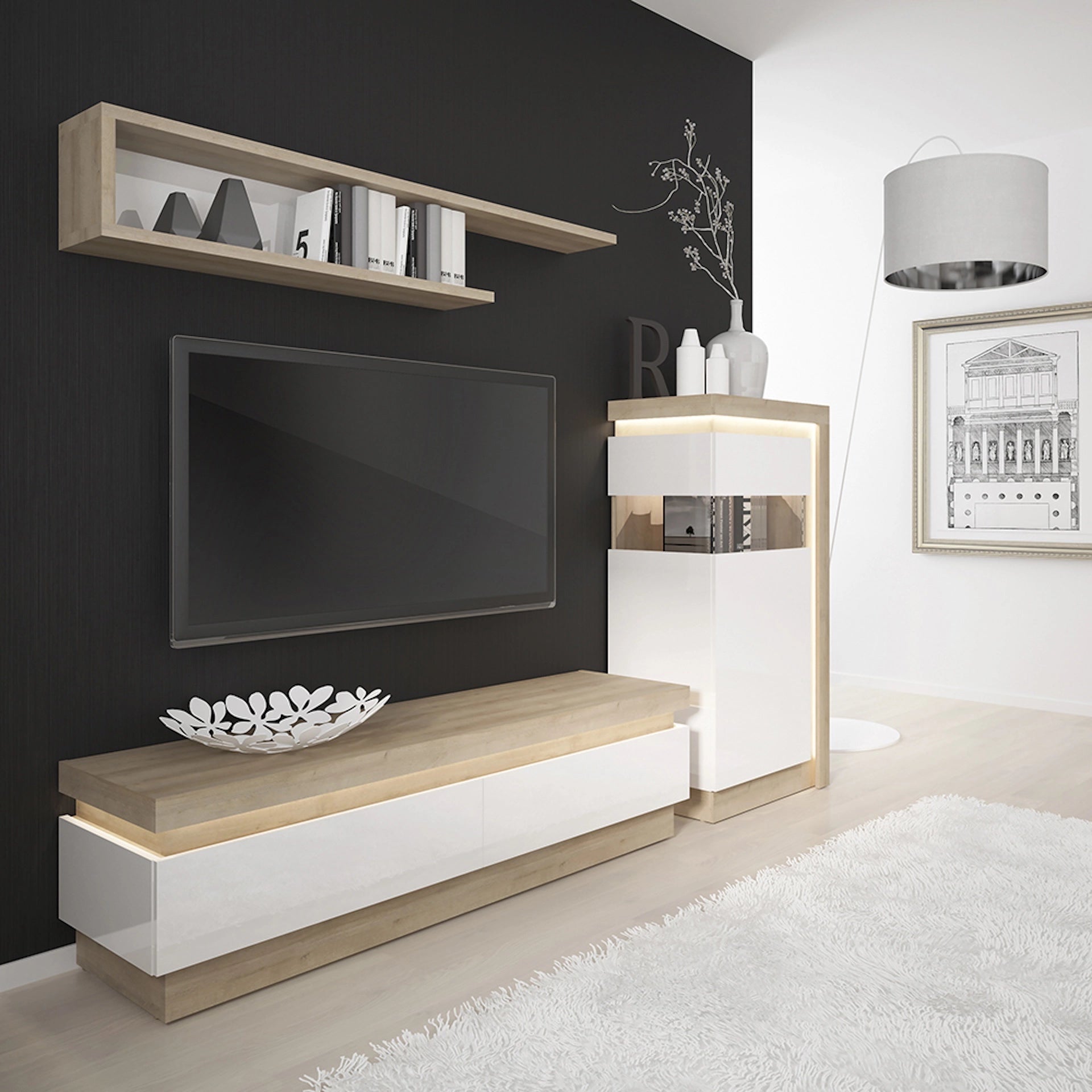 Furniture To Go Lyon 2 Drawer TV Cabinet in Riviera Oak/White High Gloss