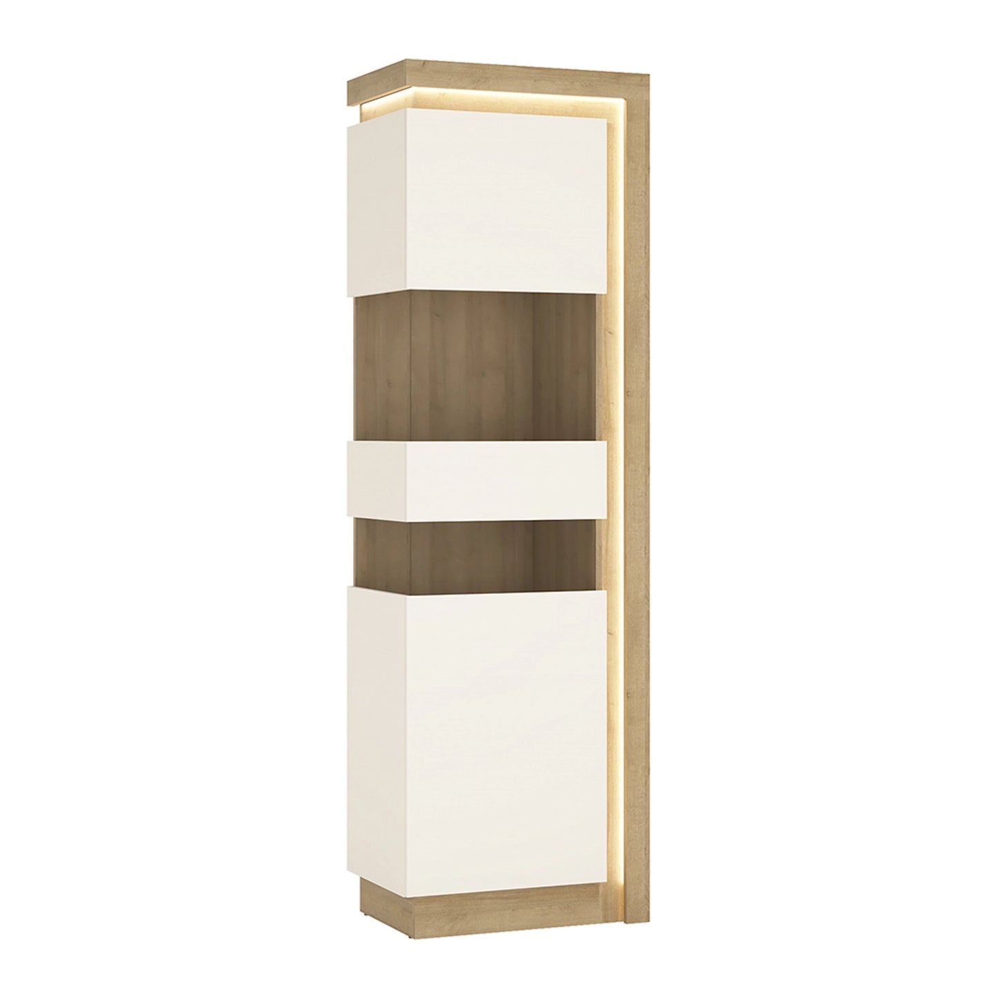 Furniture To Go Lyon Tall Narrow Display Cabinet (LHD) in Riviera Oak/White High Gloss