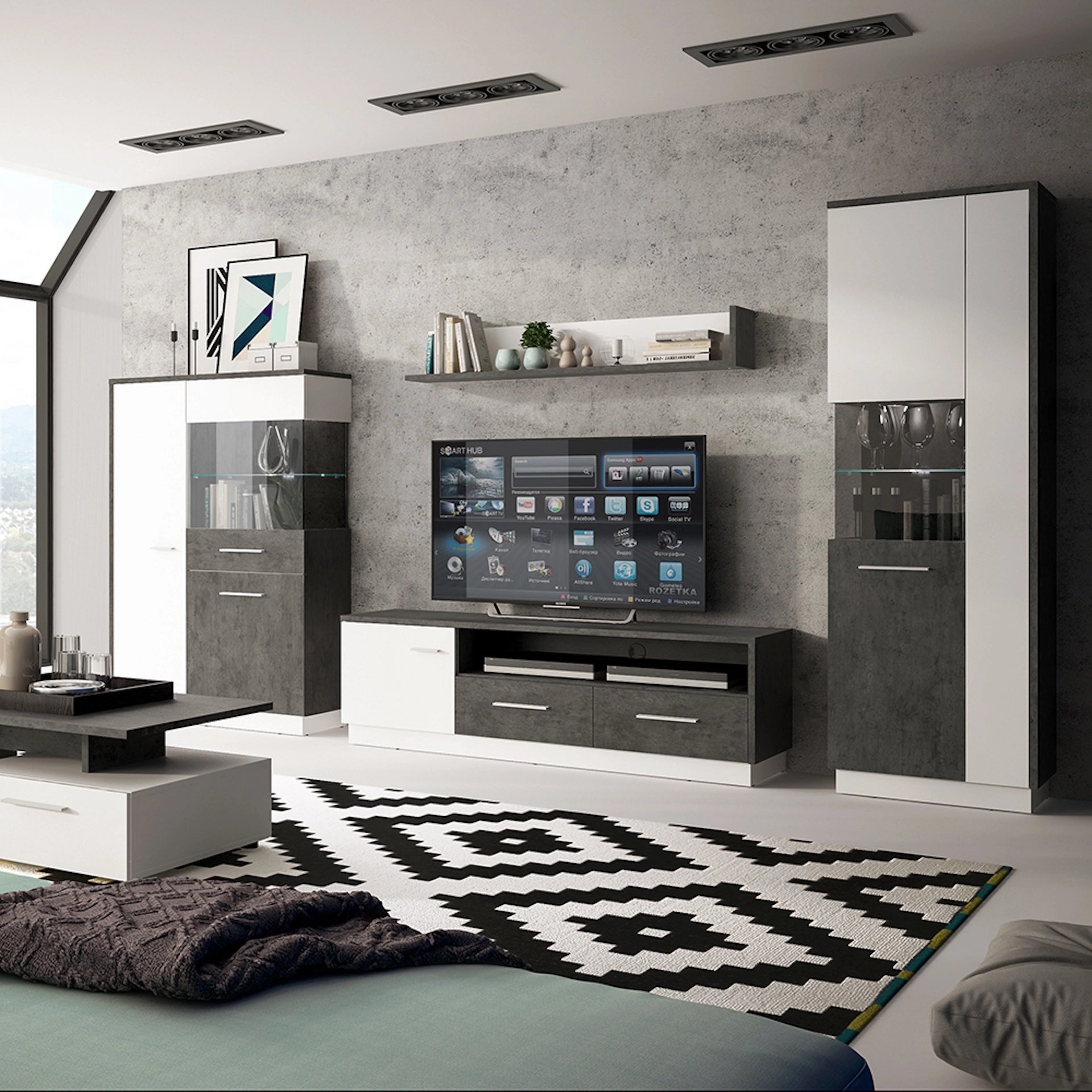 Furniture To Go Zingaro 1 Door 2 Drawer Wide TV Cabinet in Grey & White