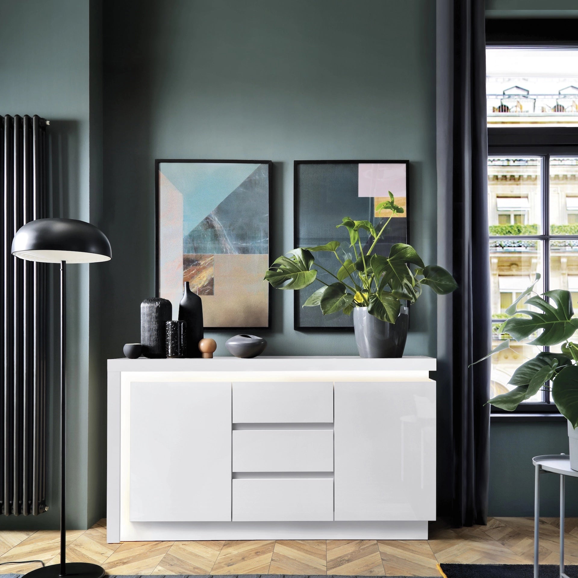 Furniture To Go Lyon 2 Door 3 Drawer Sideboard (Including Led Lighting) in White & High Gloss