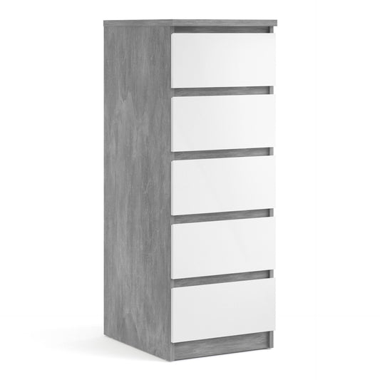 Furniture To Go Naia Narrow Chest of 5 Drawers in Concrete & White High Gloss