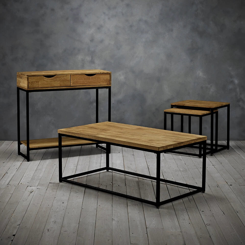 LPD Furniture Mirelle Nest Of Tables Solid Oak Black Metal Frame, Black
