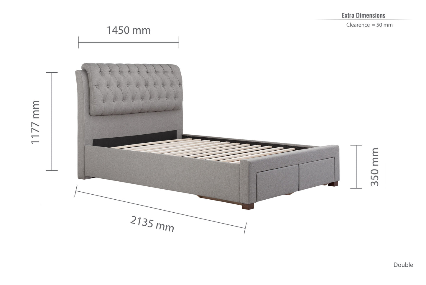 Birlea Valentino 2 Drawer 4ft 6in Double Bed Frame, Grey