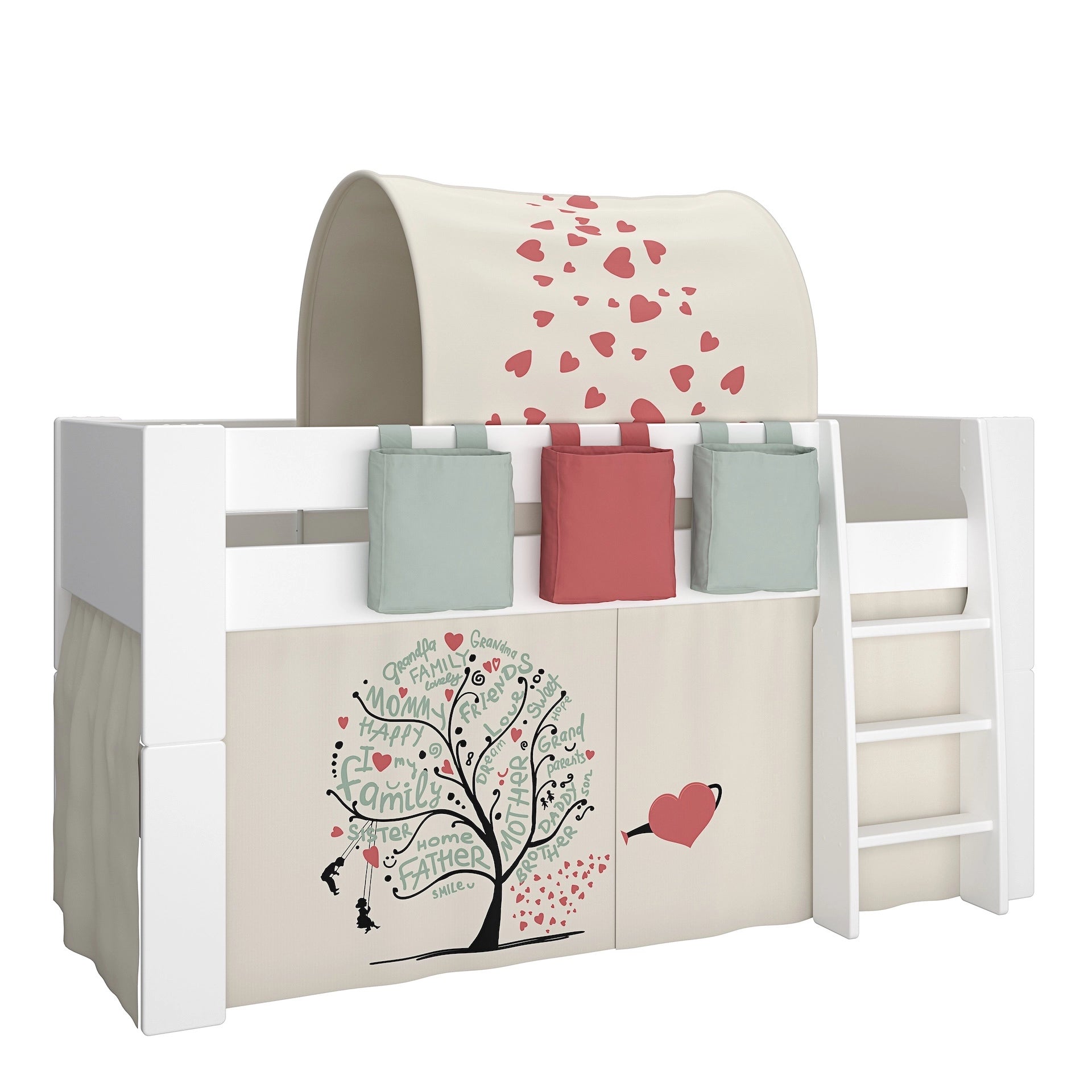 Furniture To Go Steens For Kids Mid Sleeper in Folkestone Grey, Includes - Tree of Life Tent + Tunnel + 2 Pockets in Green + 1 Pocket in Red
