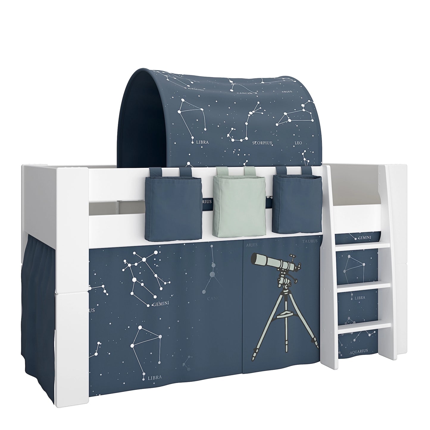Furniture To Go Steens For Kids Mid Sleeper in Whitewash Grey Brown Lacquered, Includes - Universe Tent + Tunnel + 2 Pockets in Blue + 1 Pocket in Green