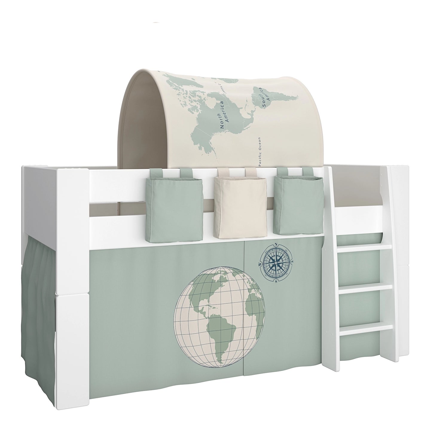 Furniture To Go Steens For Kids Mid Sleeper in Whitewash Grey Brown Lacquered, Includes - World Tent + Tunnel + 2 Pockets in Green + 1 Pocket in Sand