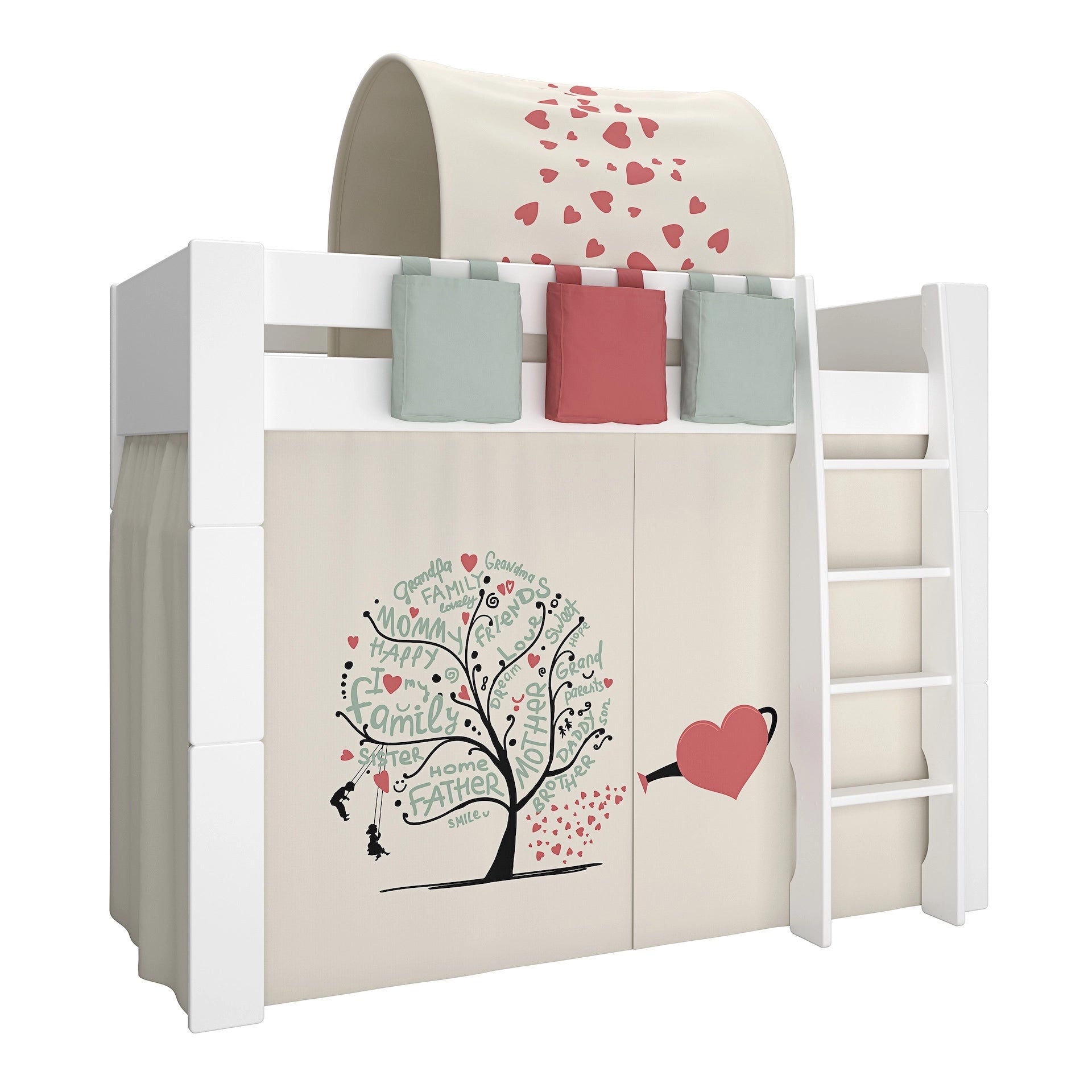 Furniture To Go Steens For Kids High Sleeper in Whitewash Grey Brown Lacquered, Includes - Tree of Life Tent + Tunnel + 2 Pockets in Green + 1 Pocket in Red
