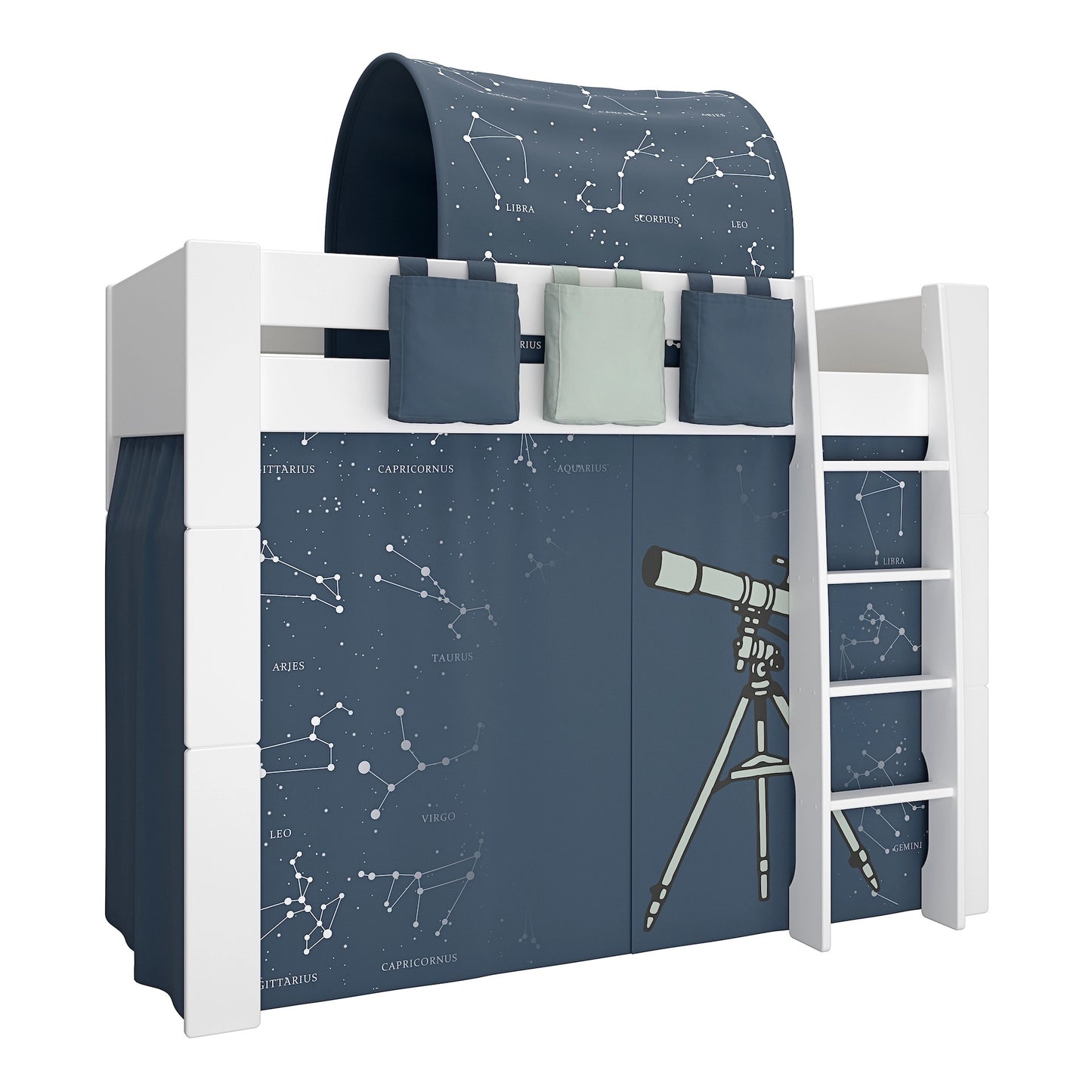 Furniture To Go Steens For Kids High Sleeper in Whitewash Grey Brown Lacquered, Includes - Universe Tent + Tunnel + 2 Pockets in Blue + 1 Pocket in Green