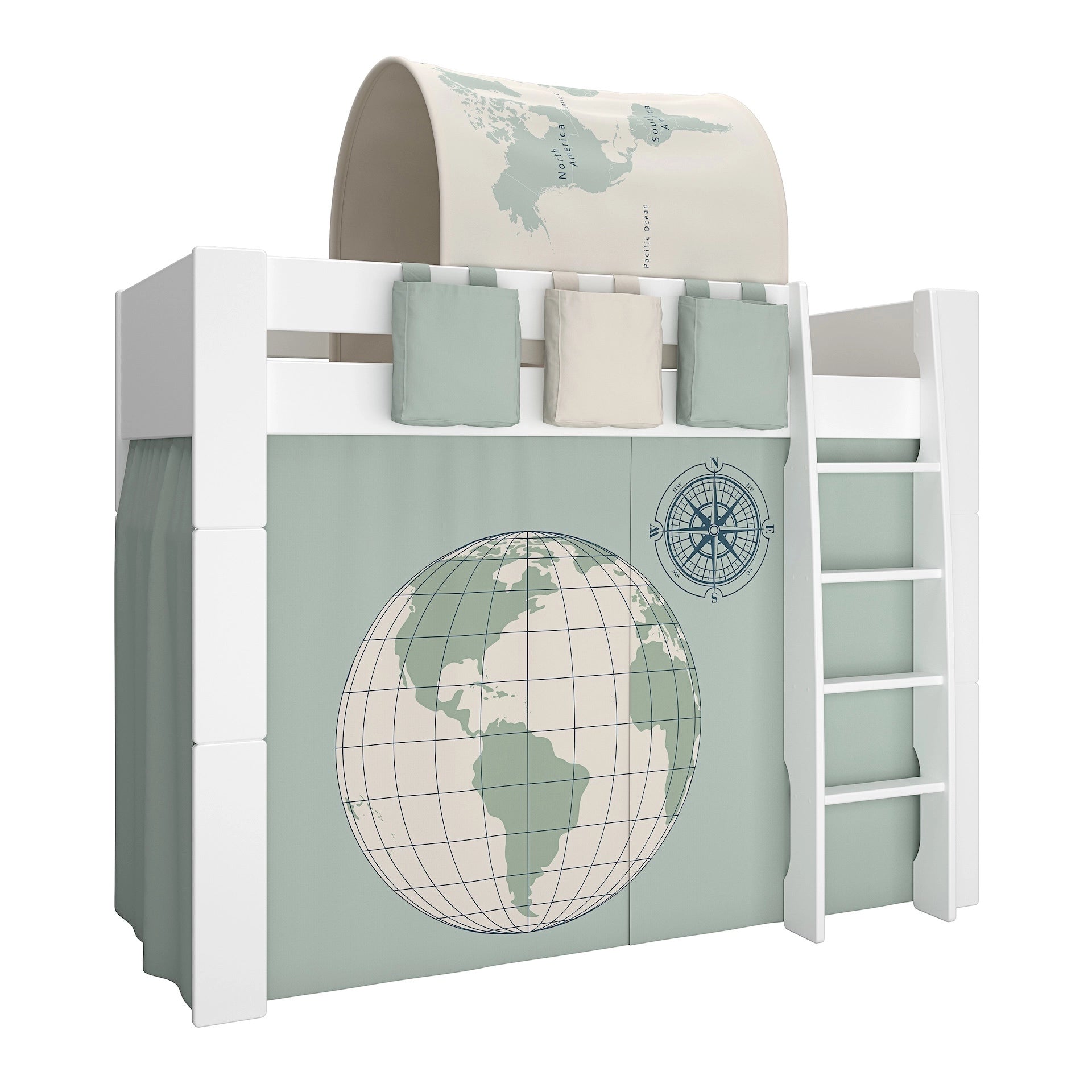 Furniture To Go Steens For Kids High Sleeper in Whitewash Grey Brown Lacquered, Includes - World Tent + Tunnel + 2 Pockets in Green + 1 Pocket in Sand