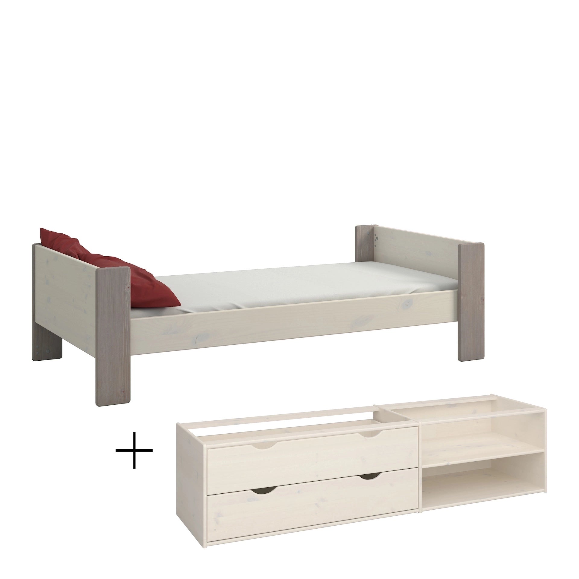 Furniture To Go Steens For Kids 3ft Single Bed, Includes - Under Bed Drawer Section 2 Drawers in Whitewash Grey Brown Lacquered