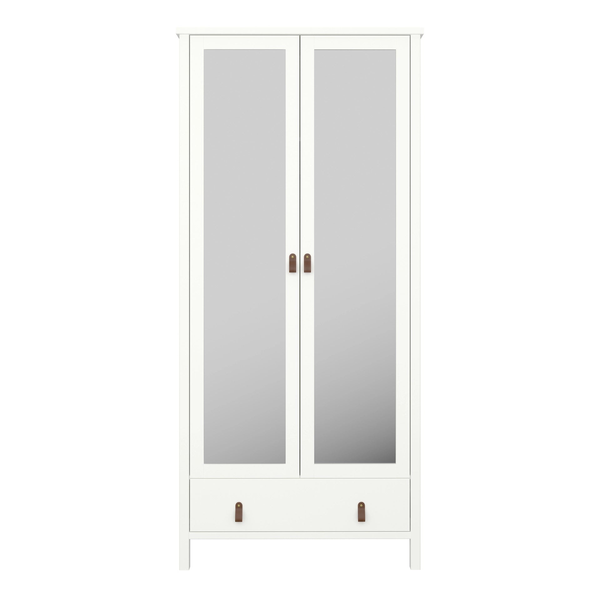 Furniture To Go Tromso 2 Mirror Doors + 1 Drawer Wardrobe White with Leather Handles