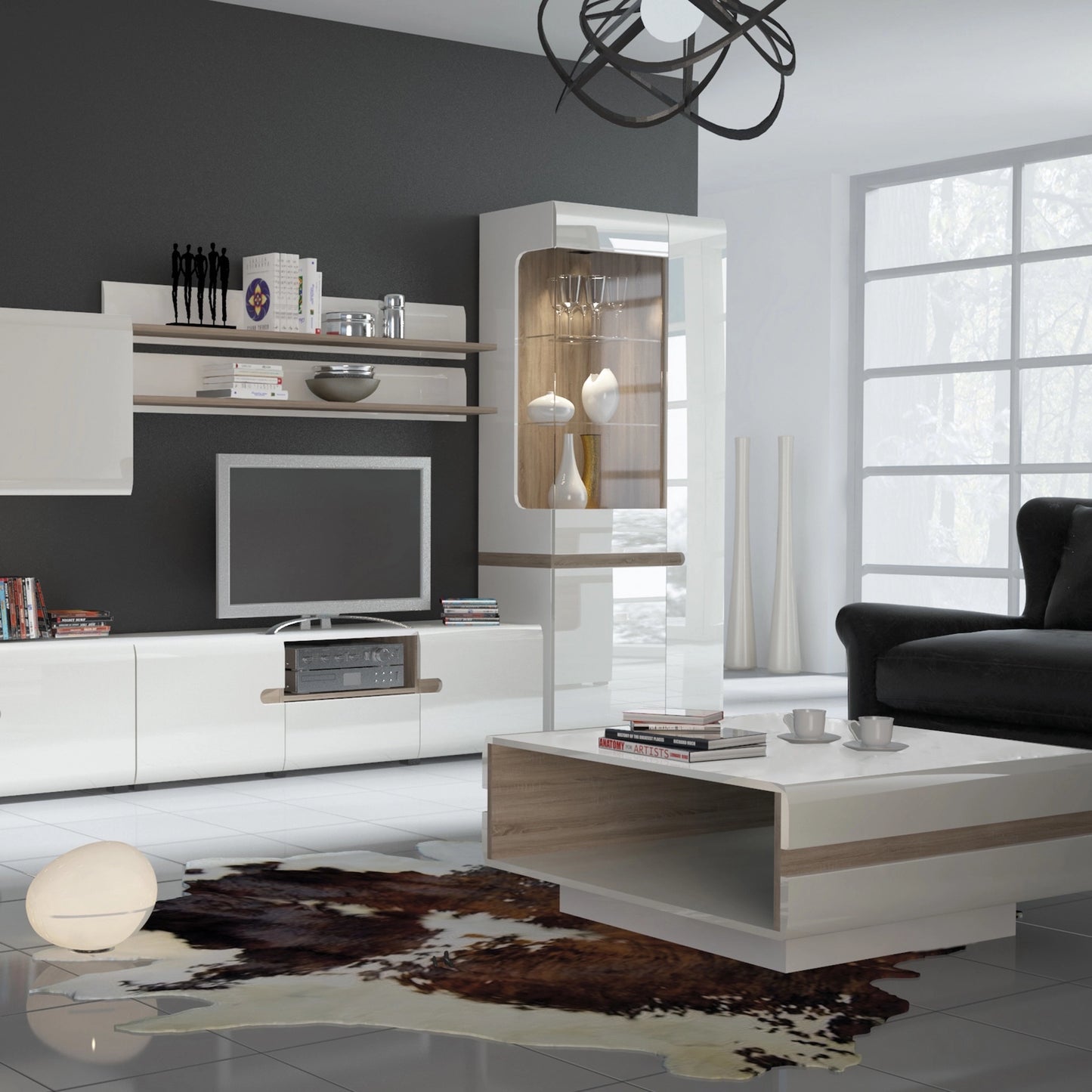 Furniture To Go Chelsea Tall Glazed Narrow Display Unit (RHD) in White with Oak Trim