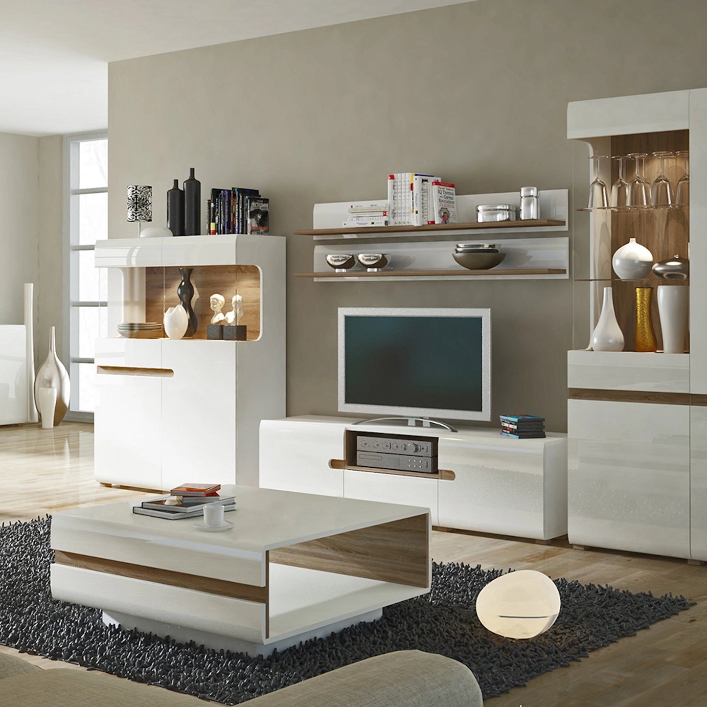 Furniture To Go Chelsea Wall Shelf in White with Oak Trim