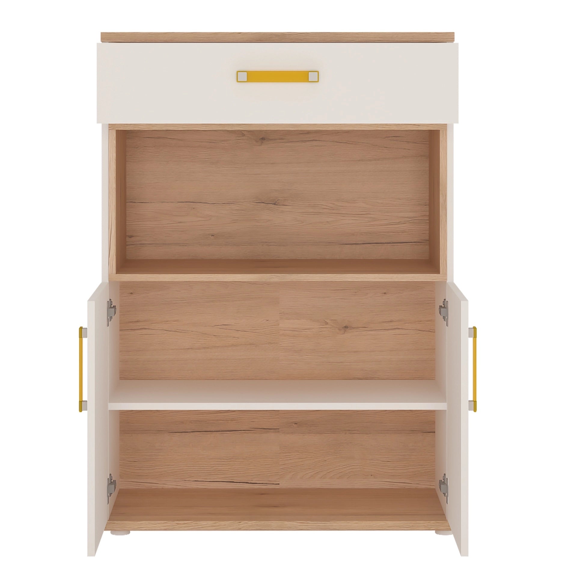 Furniture To Go 4Kids 2 Door 1 Drawer Cupboard with Open Shelf in Light Oak & White High Gloss (Orange Handles)