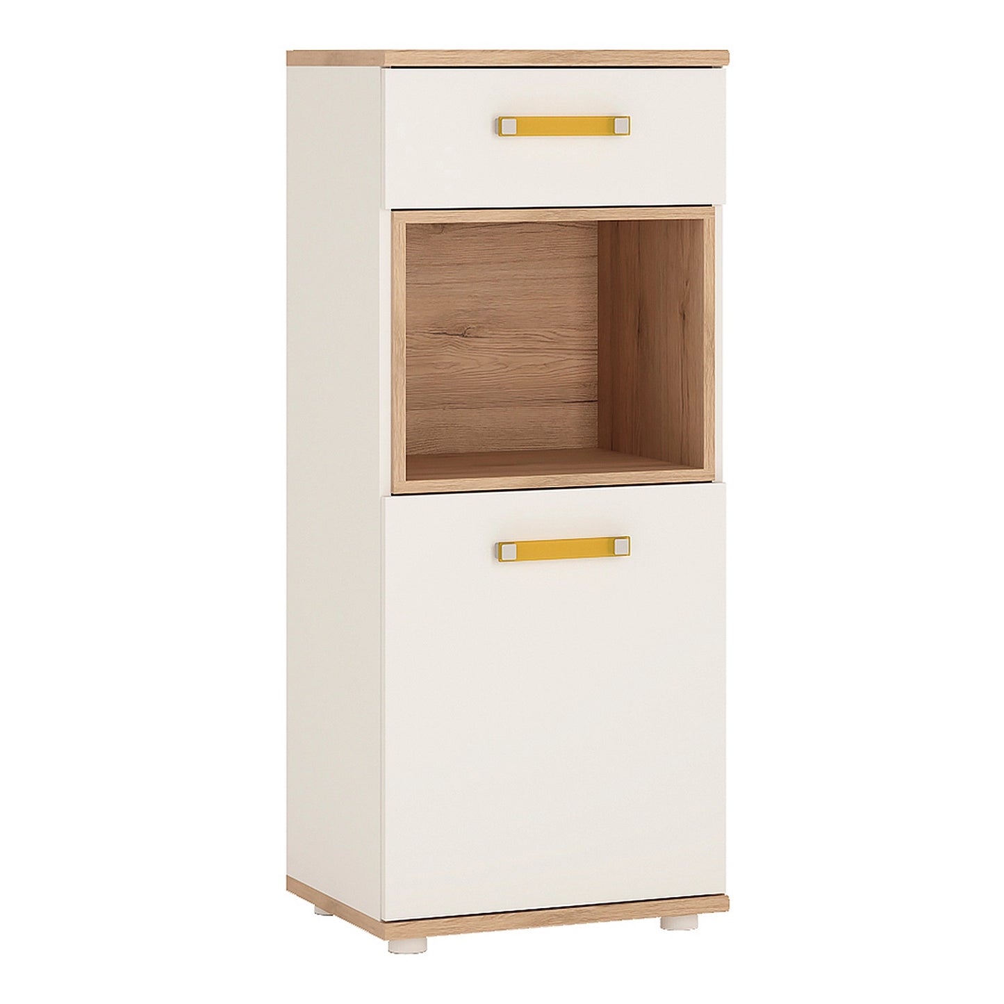 Furniture To Go 4Kids 1 Door 1 Drawer Narrow Cabinet in Light Oak & White High Gloss (Orange Handles)