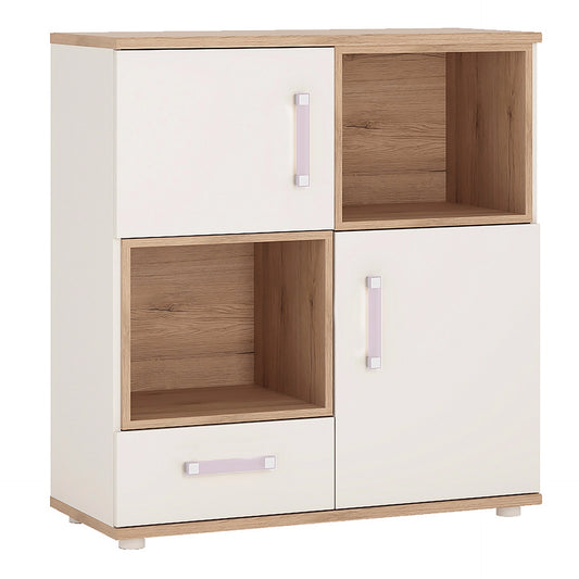 Furniture To Go 4Kids 2 Door 1 Drawer Cupboard with 2 Open Shelves in Light Oak & White High Gloss (Lilac Handles)