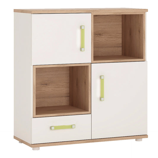 Furniture To Go 4Kids 2 Door 1 Drawer Cupboard with 2 Open Shelves in Light Oak & White High Gloss (Lemon Handles)