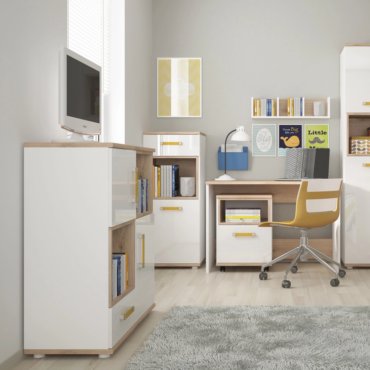 Furniture To Go 4Kids 2 Door 1 Drawer Cupboard with 2 Open Shelves in Light Oak & White High Gloss (Orange Handles)