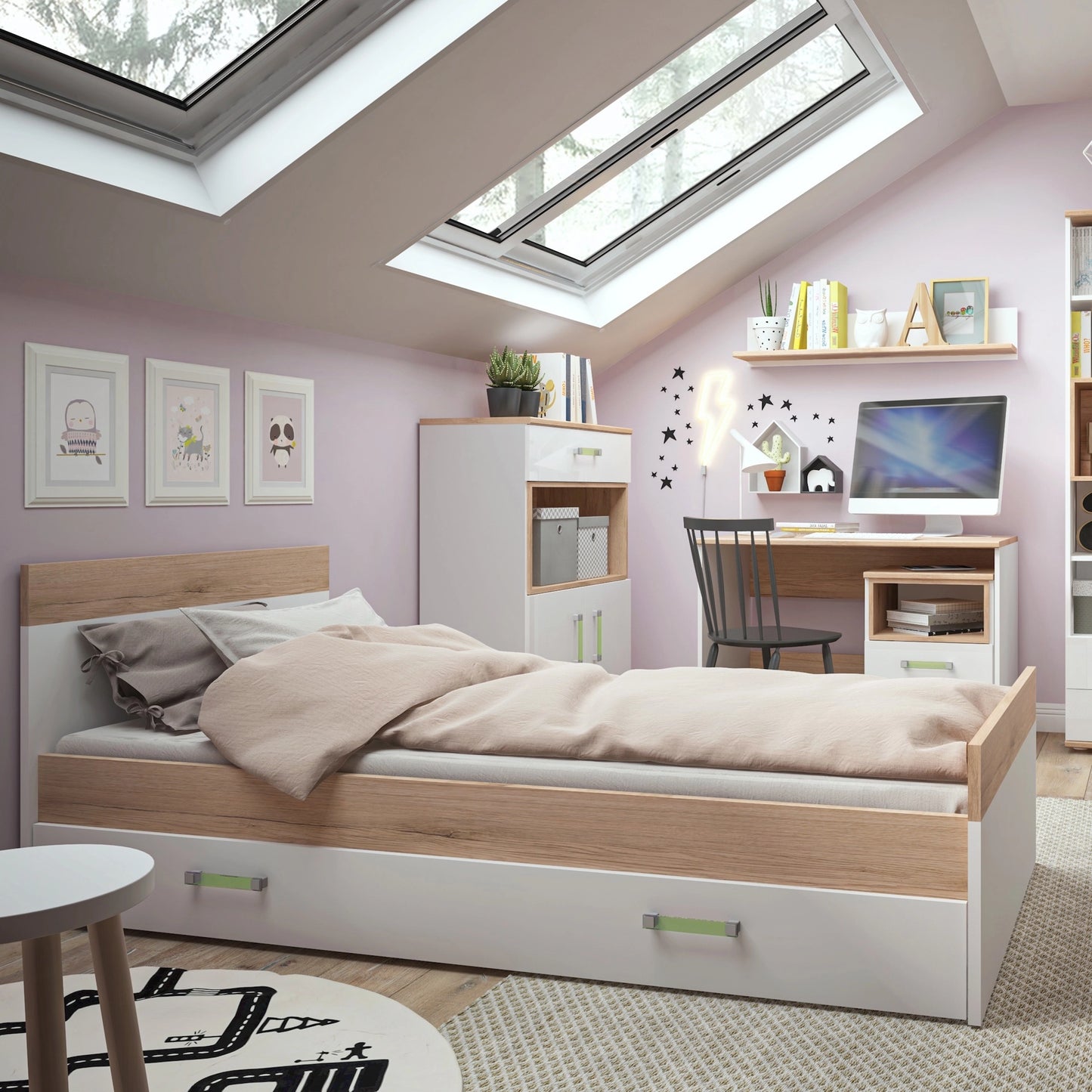 Furniture To Go 4Kids 3ft Single Bed with Under Drawer in Light Oak & White High Gloss (Lemon Handles)