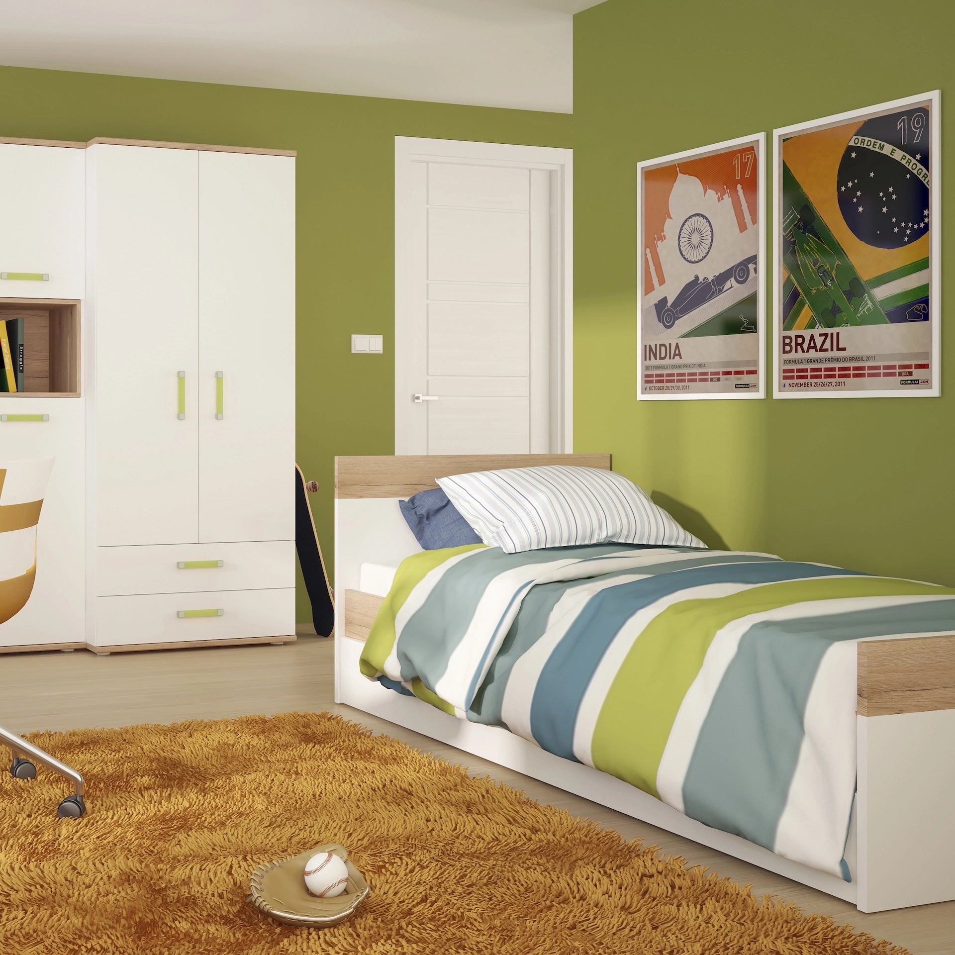 Furniture To Go 4Kids 3ft Single Bed with Under Drawer in Light Oak & White High Gloss (Lemon Handles)