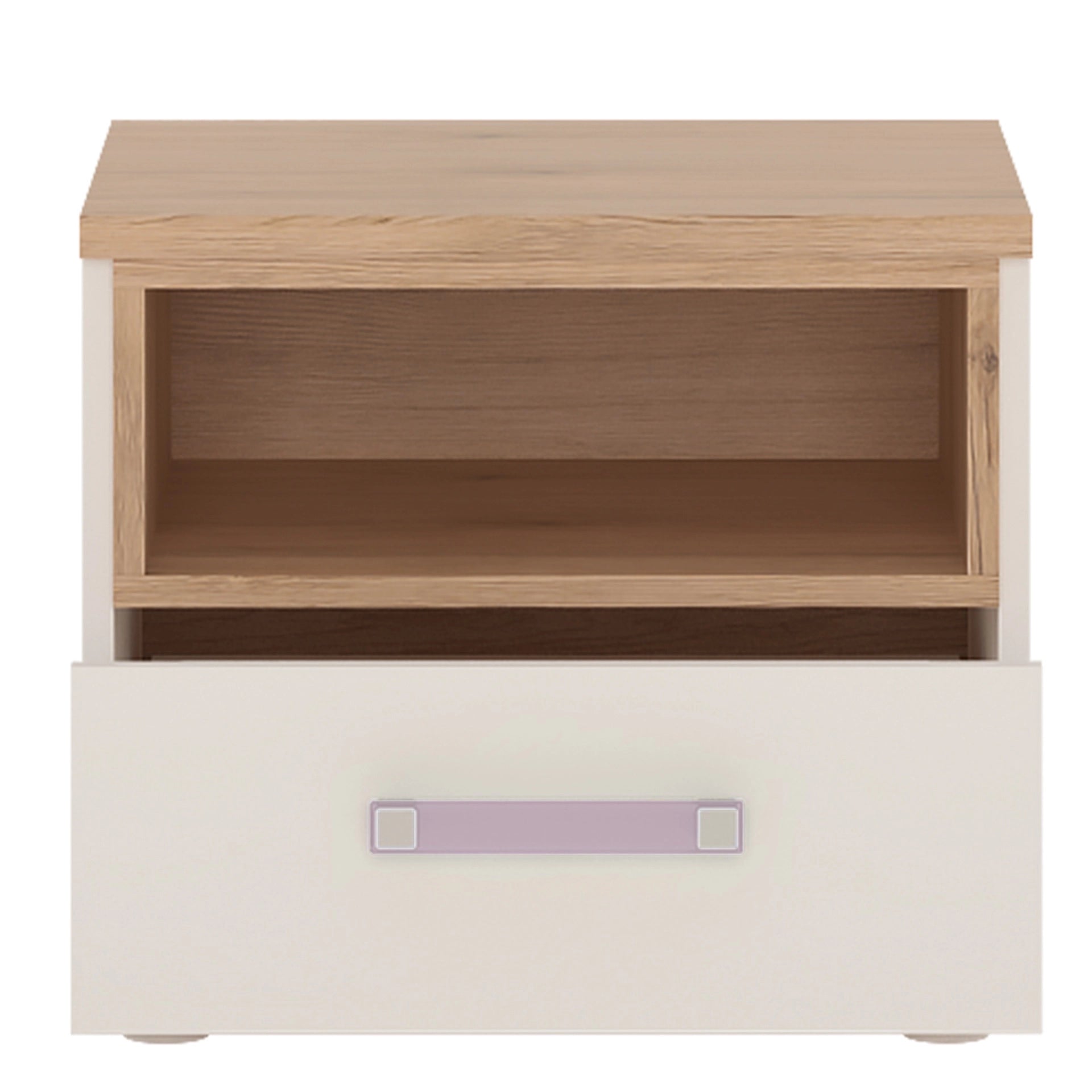 Furniture To Go 4Kids 1 Drawer Bedside Cabinet in Light Oak & White High Gloss (Lilac Handles)