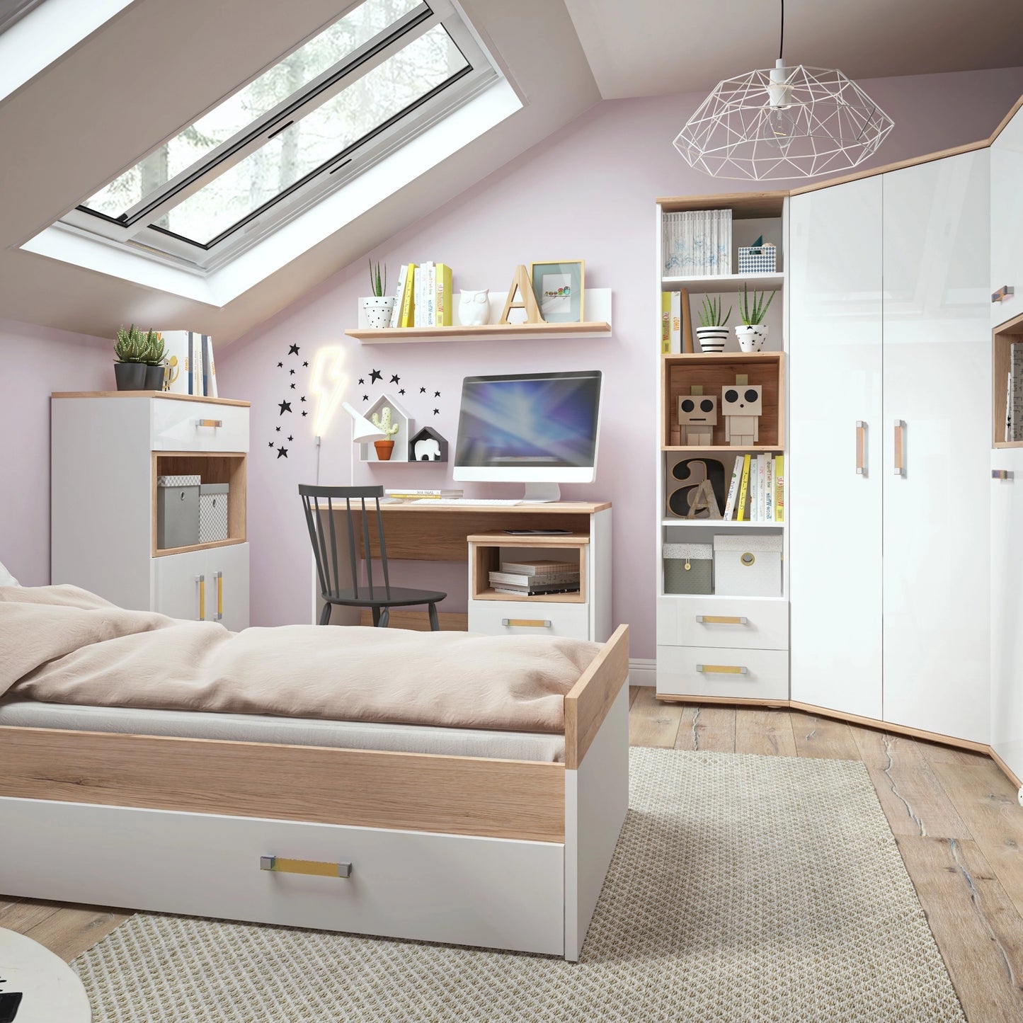 Furniture To Go 4Kids 1 Drawer Bedside Cabinet in Light Oak & White High Gloss (Orange Handles)