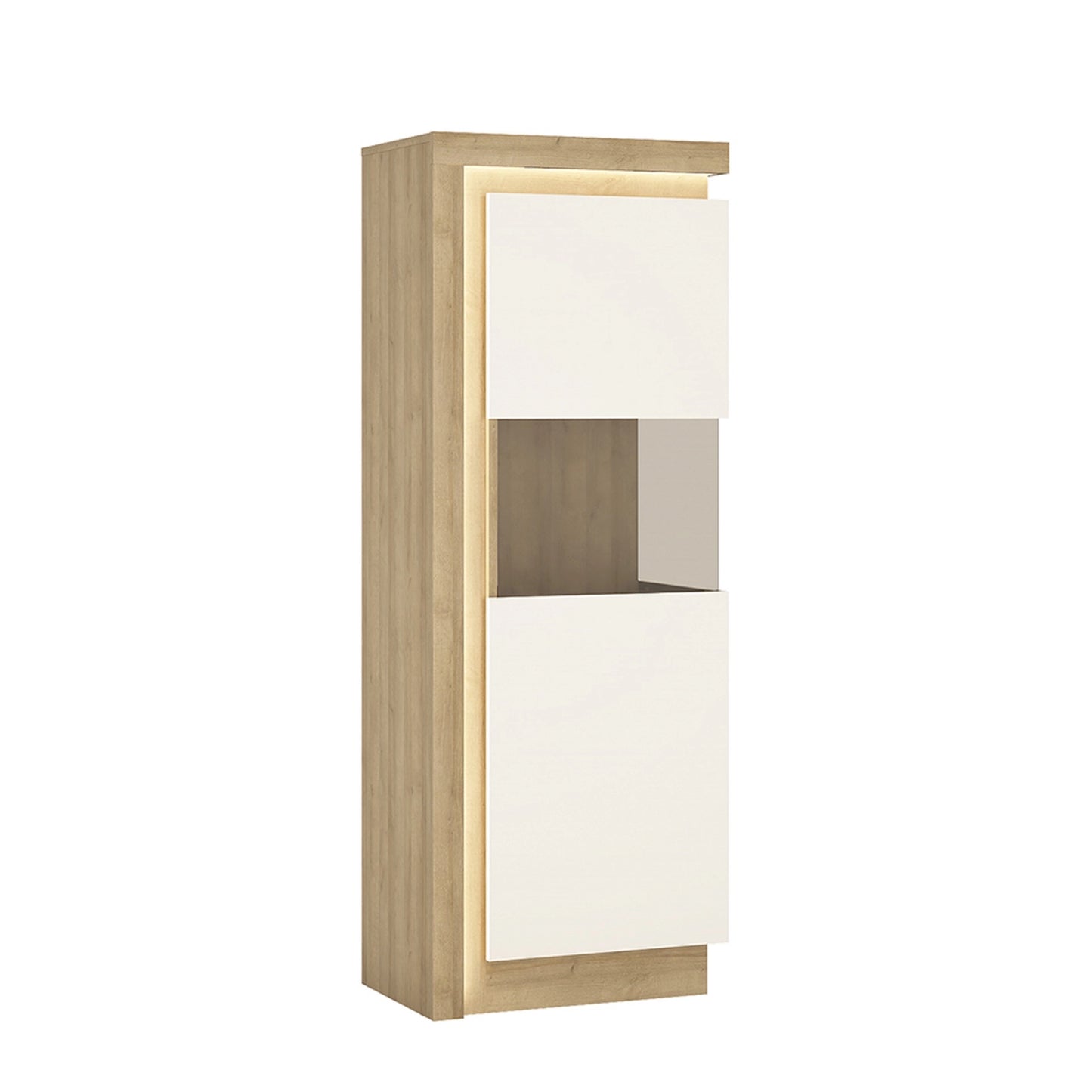 Furniture To Go Lyon Narrow Display Cabinet (RHD) 164.1cm High in Riviera Oak/White High Gloss