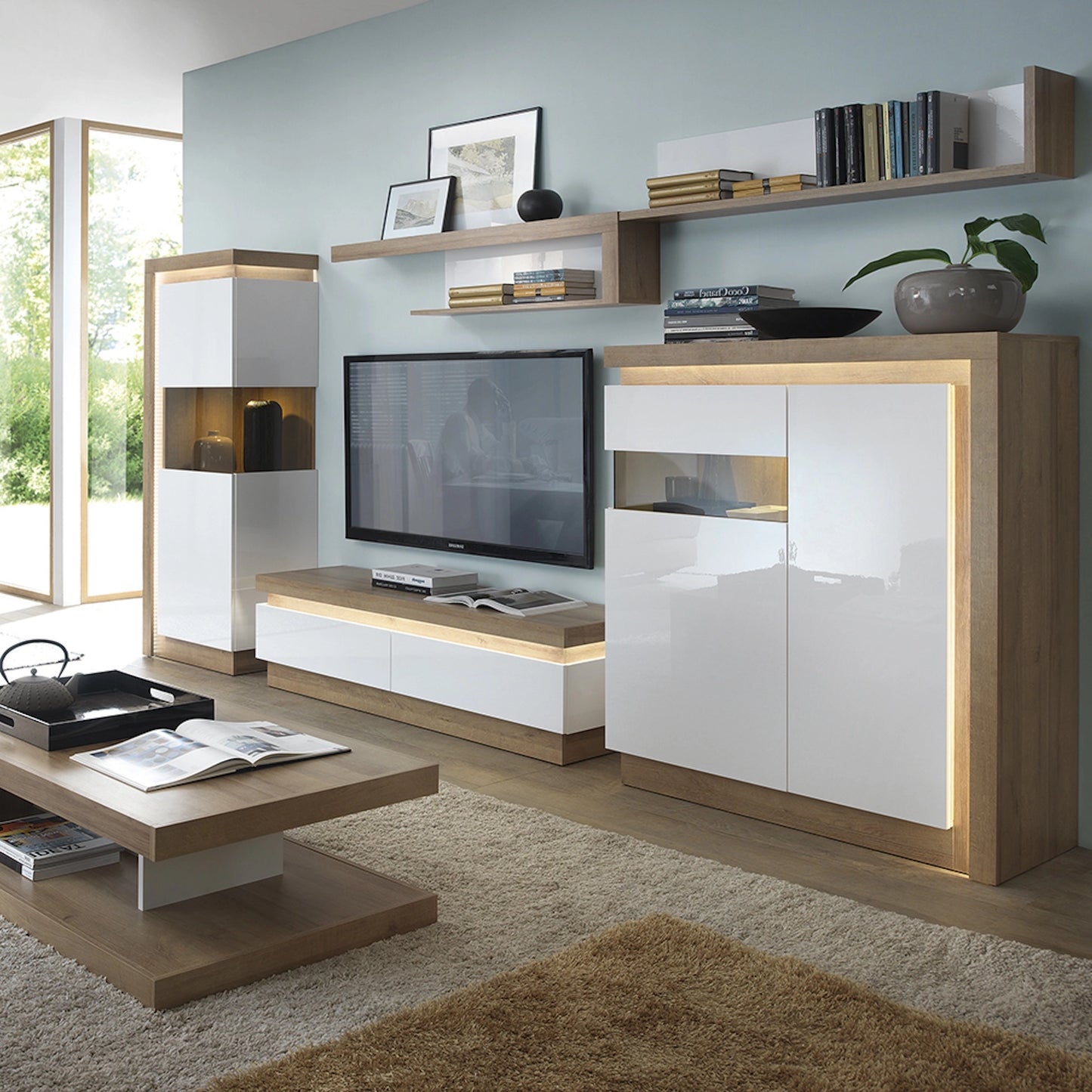 Furniture To Go Lyon Narrow Display Cabinet (RHD) 164.1cm High in Riviera Oak/White High Gloss