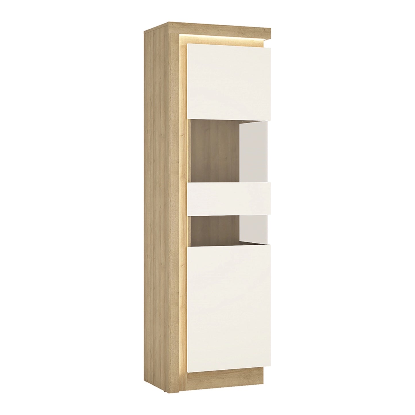 Furniture To Go Lyon Tall Narrow Display Cabinet (RHD) in Riviera Oak/White High Gloss