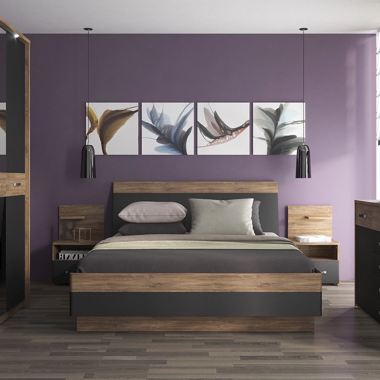 Furniture To Go Monaco 1 Drawer Bedside with Open Shelf (RH) in Oak & Black