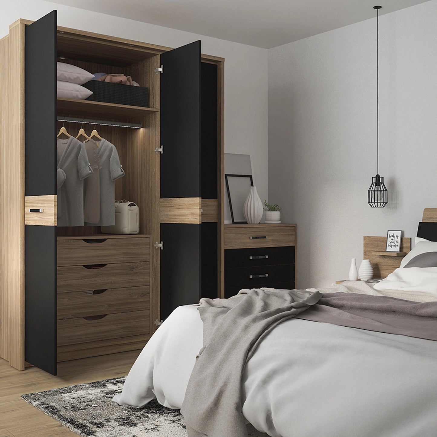Furniture To Go Monaco 1 Drawer Bedside with Open Shelf (RH) in Oak & Black