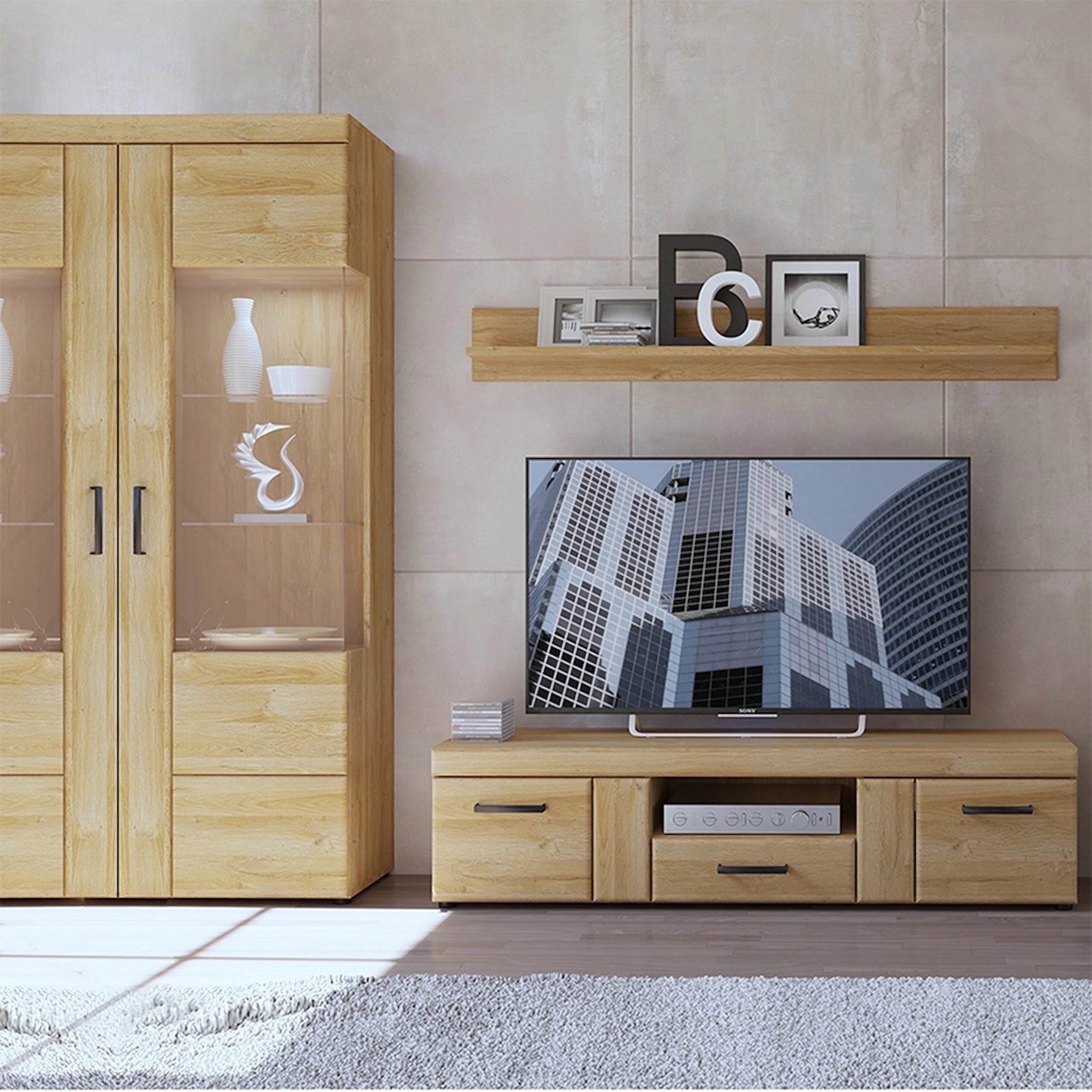 Furniture To Go Cortina Tall Wide 2 Door Glazed Display Cabinet in Grandson Oak