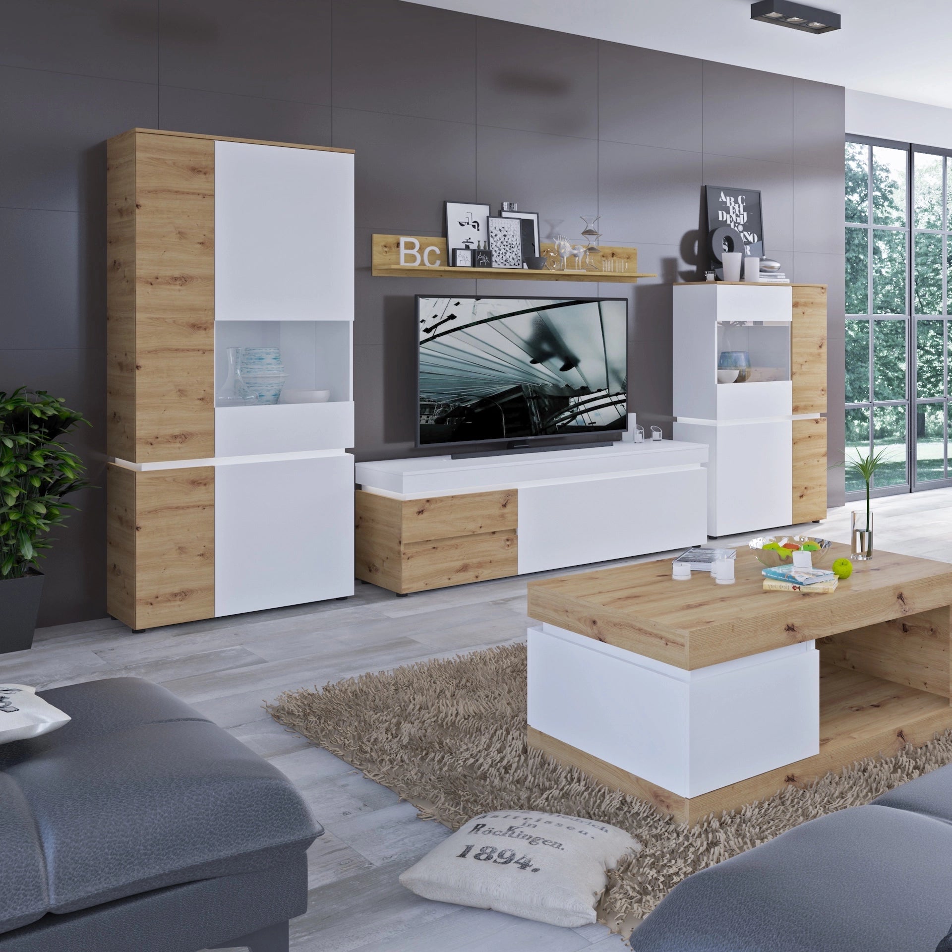 Furniture To Go Luci 1 Door 2 Drawer 150cm TV Unit (Including Led Lighting) in White & Oak