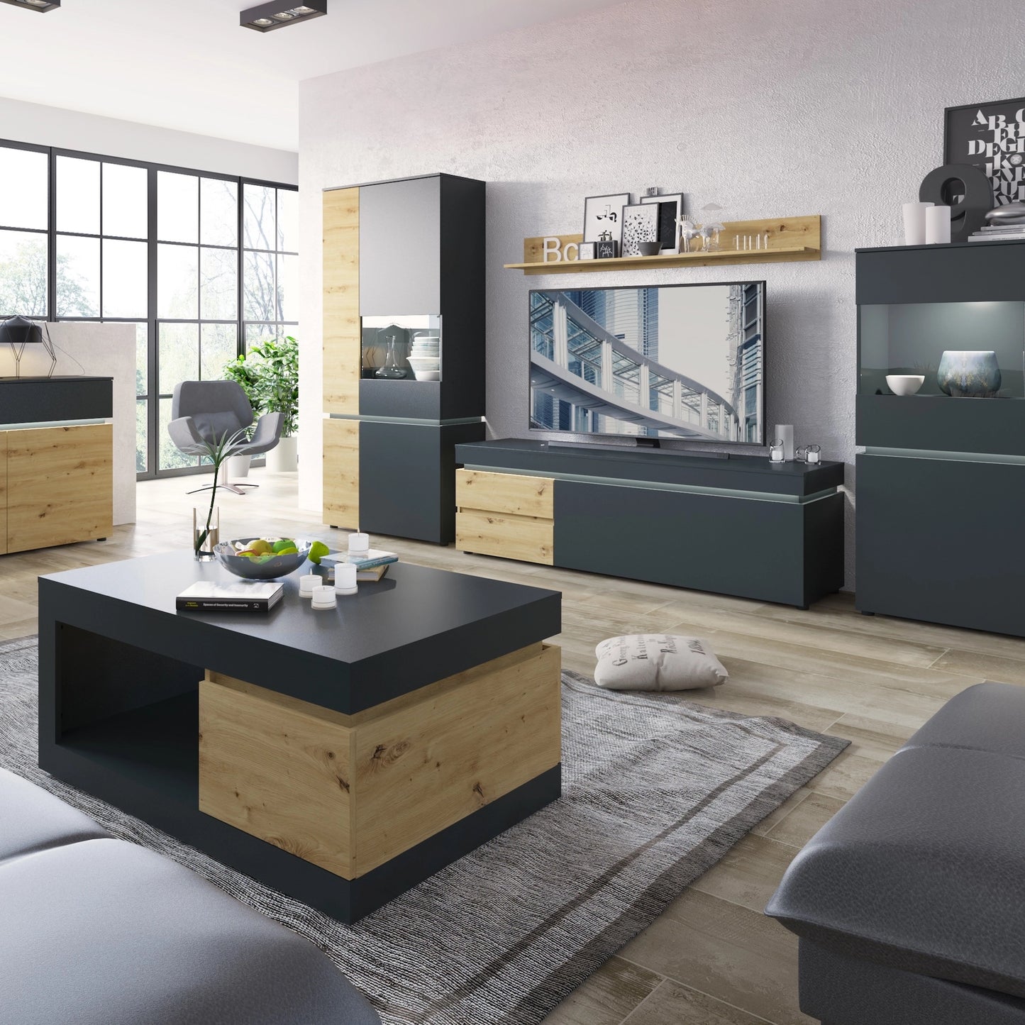 Furniture To Go Luci 1 Door 2 Drawer 150cm TV Unit (Including Led Lighting) in Platinum & Oak