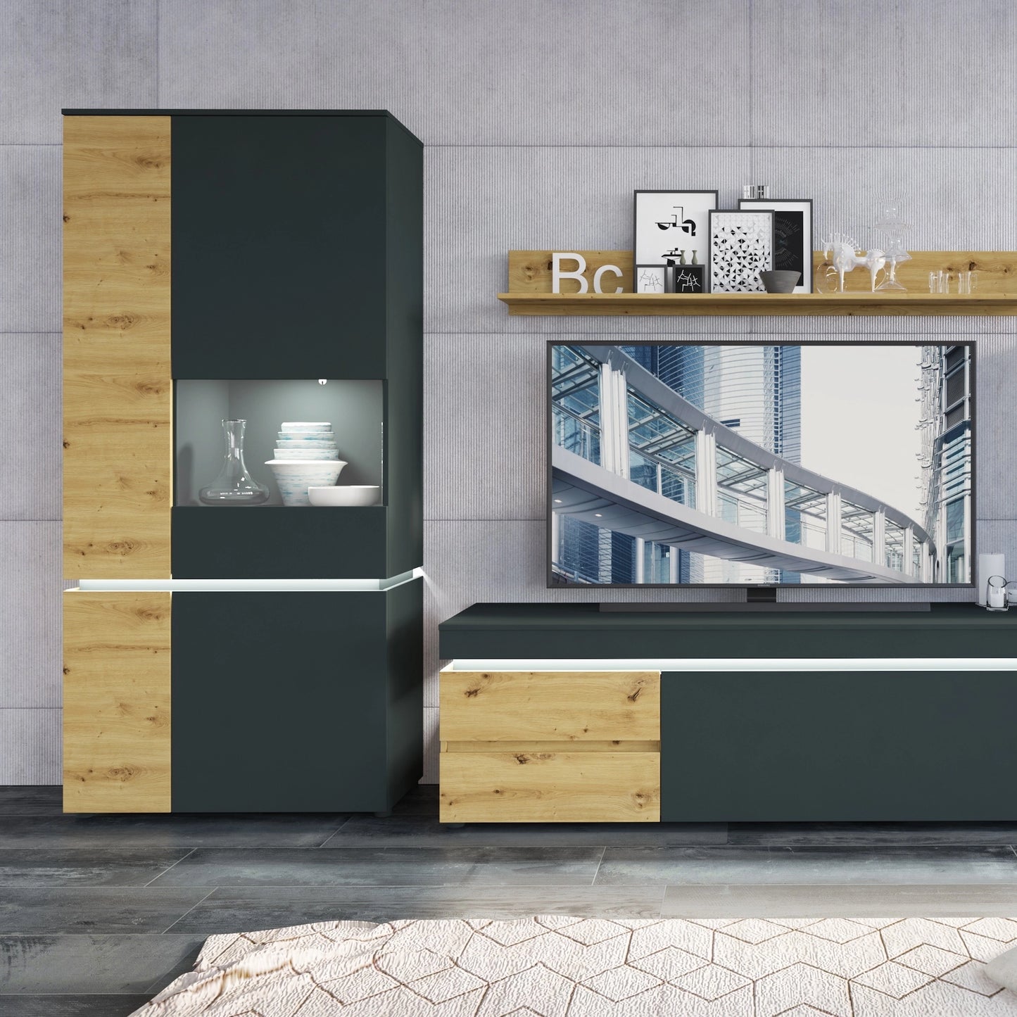 Furniture To Go Luci 1 Door 2 Drawer 150cm TV Unit (Including Led Lighting) in Platinum & Oak