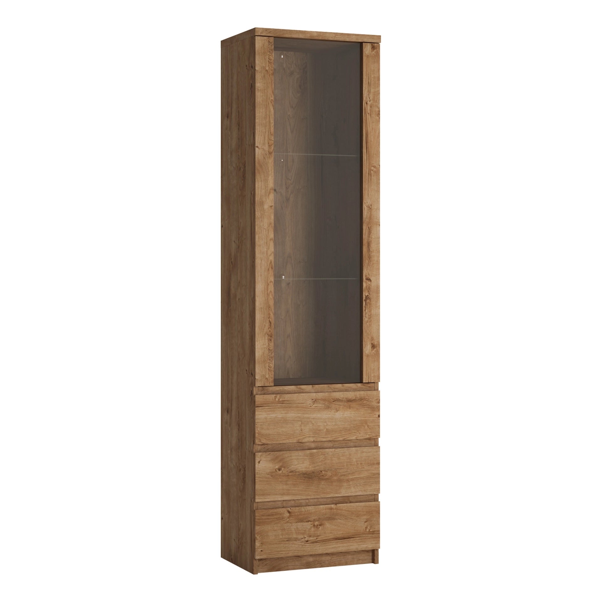 Furniture To Go Fribo Tall Narrow 1 Door 3 Drawer Glazed Display Cabinet in Oak