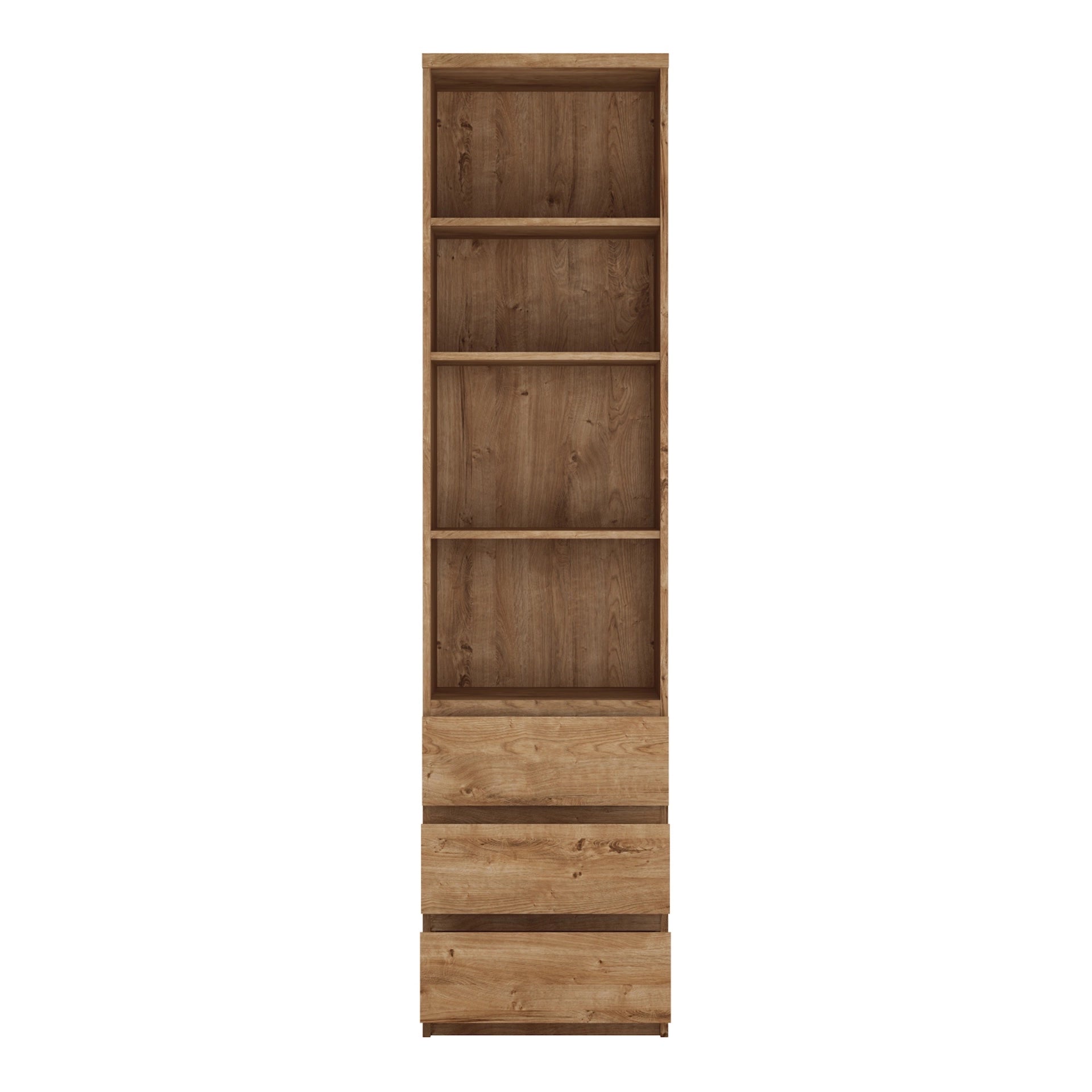 Furniture To Go Fribo Tall Narrow 3 Drawer Bookcase in Oak