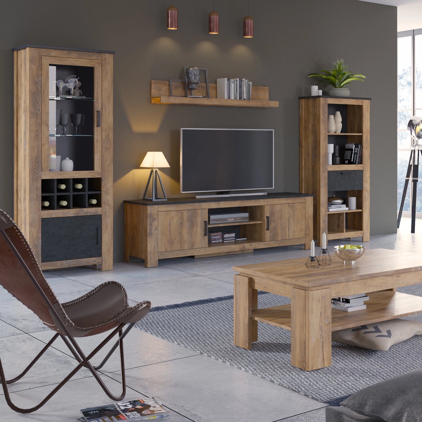Furniture To Go Rapallo 2 Door 189cm Wide TV Cabinet in Chestnut & Matera Grey