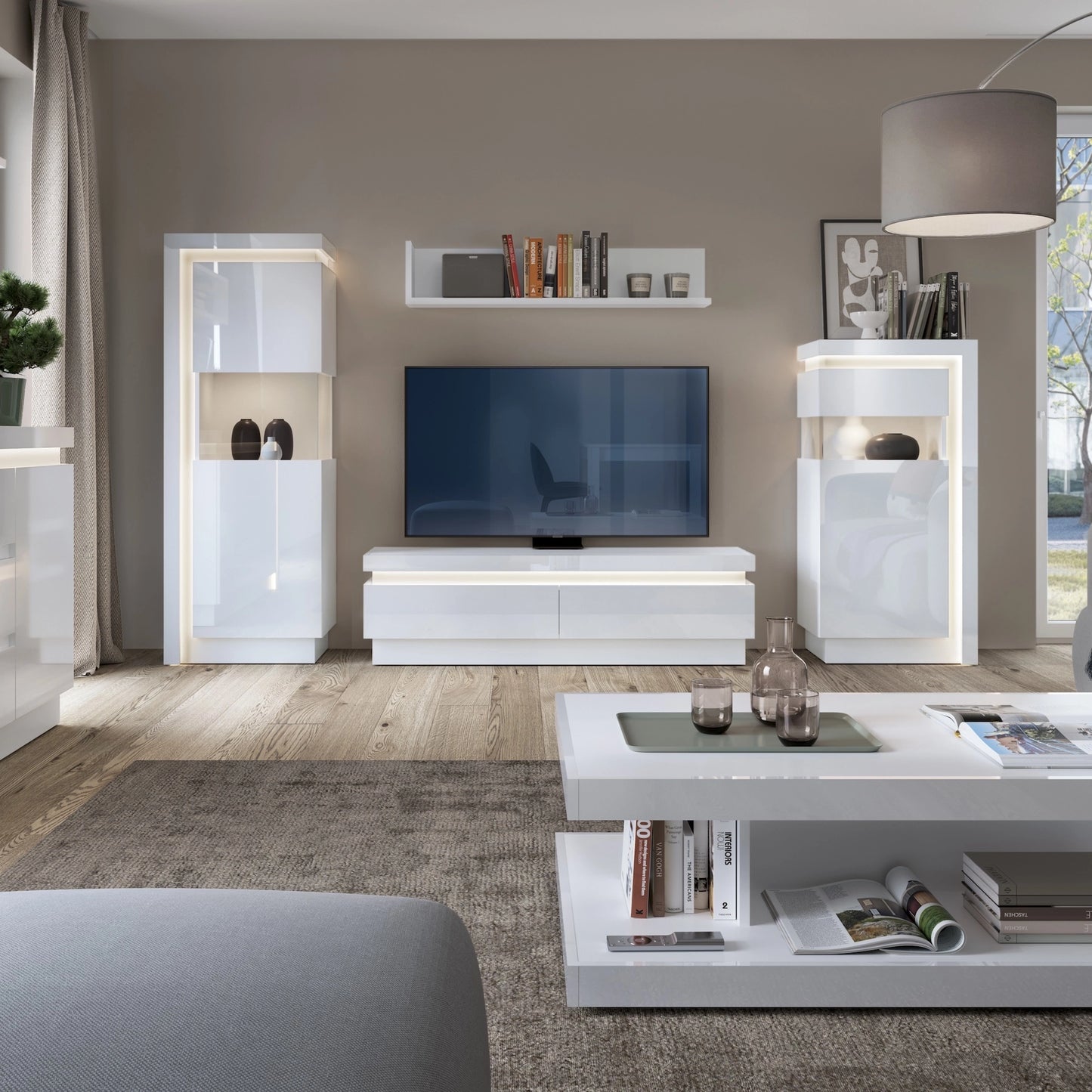 Furniture To Go Lyon 2 Drawer TV Cabinet (Including Led Lighting) in White & High Gloss