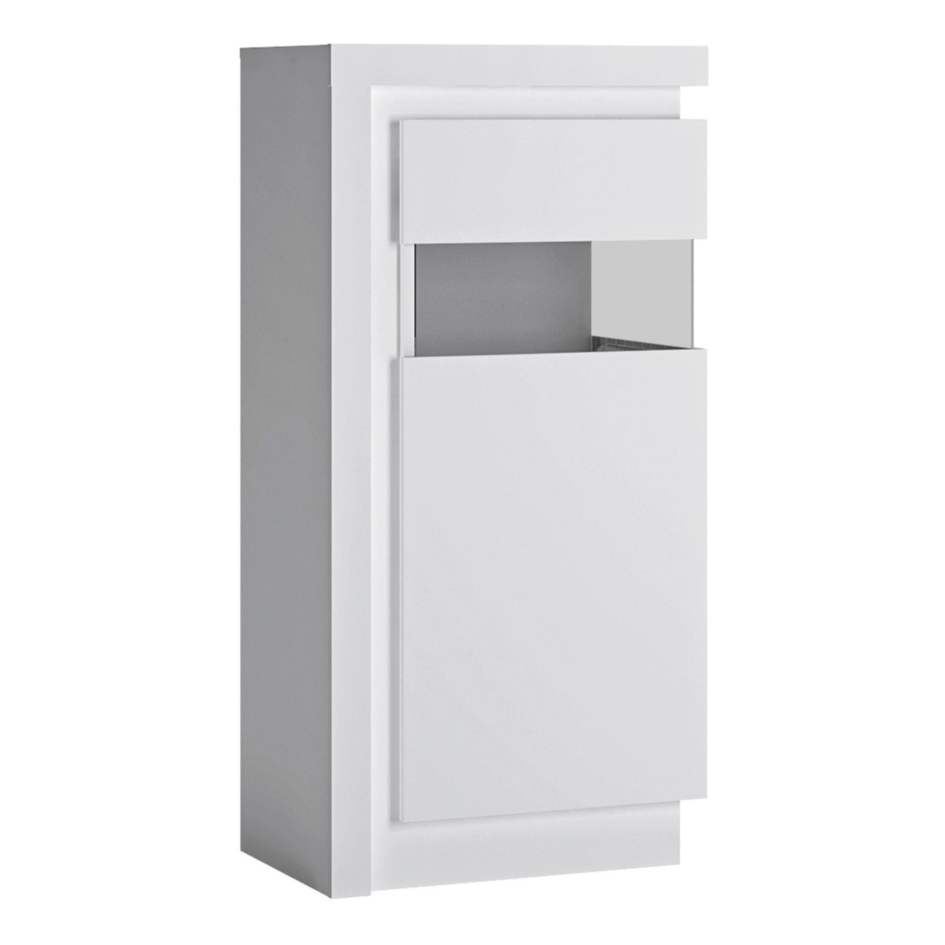 Furniture To Go Lyon Narrow Display Cabinet (RHD) 123.6cm High (Including Led Lighting) in White & High Gloss