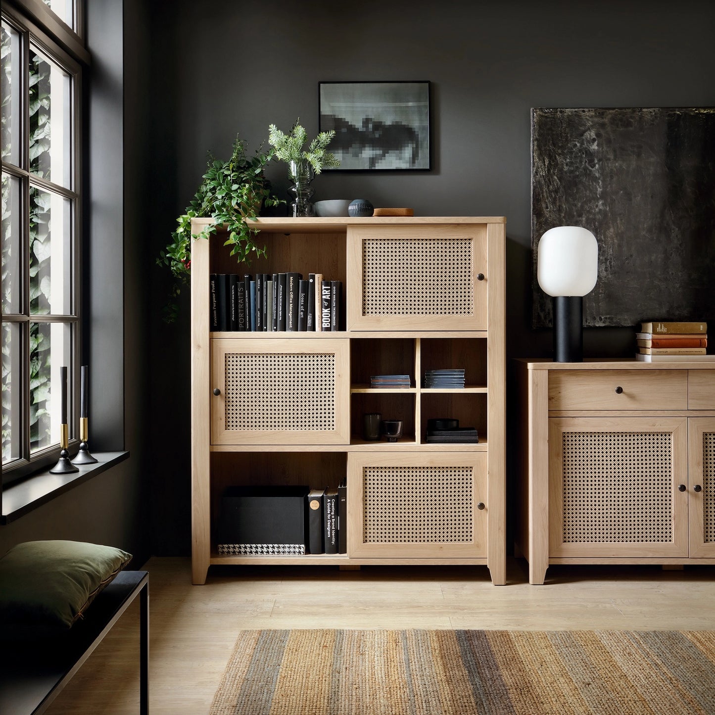 Furniture To Go Cestino 3 Door Cabinet in Jackson Hickory Oak & Rattan Effect